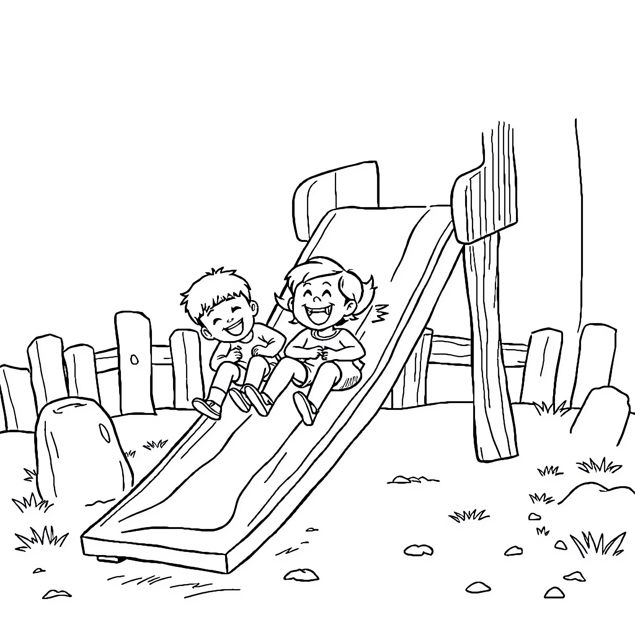Potato children having fun on the playground slide Coloring Page (free black-and-white line drawing printable PDF for all, from beginners to advanced learners, including children, teens, adults, and seniors)