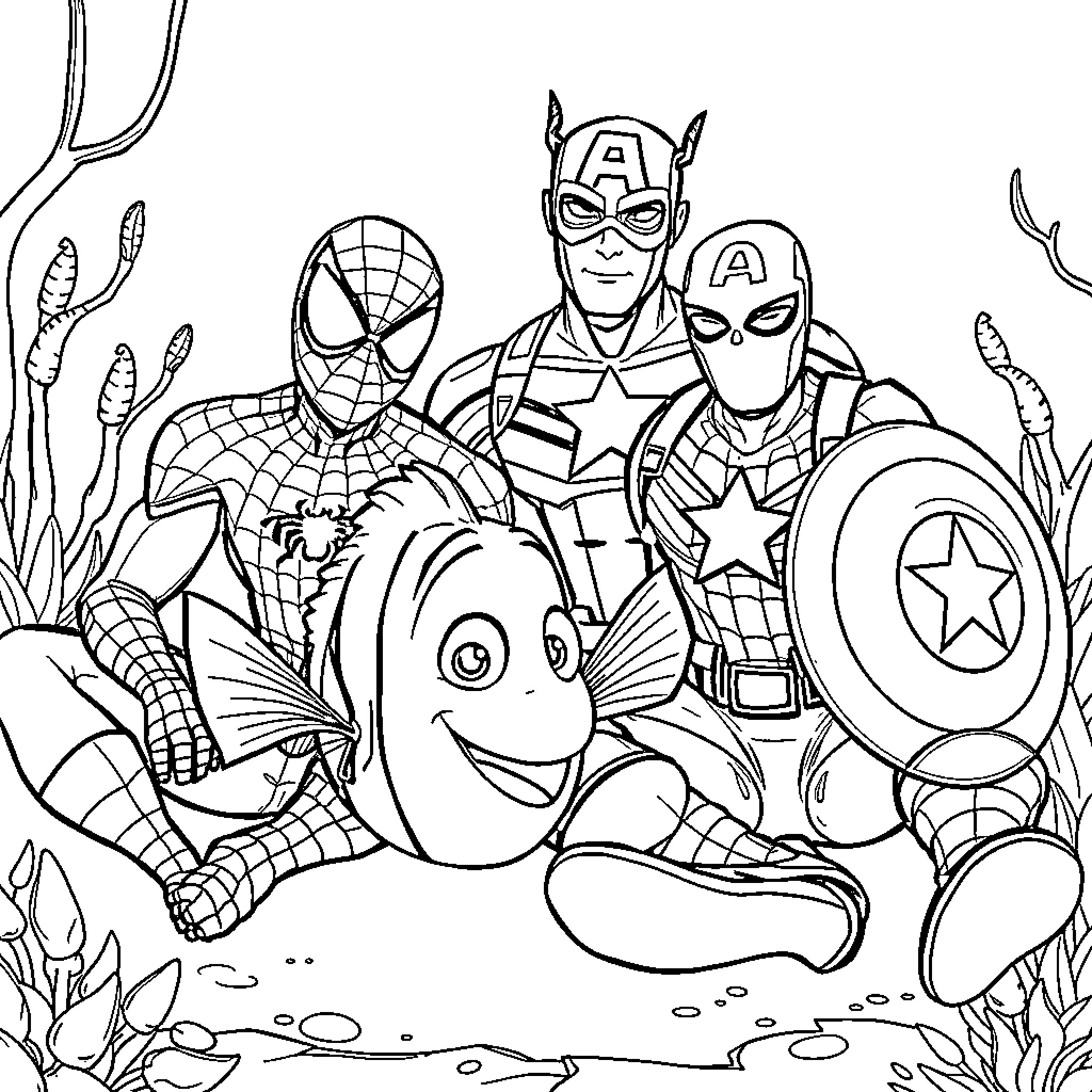 Nemo and the Marvel Superheroes Adventure Coloring Page (free black-and-white line drawing printable PDF for all, from beginners to advanced learners, including children, teens, adults, and seniors)