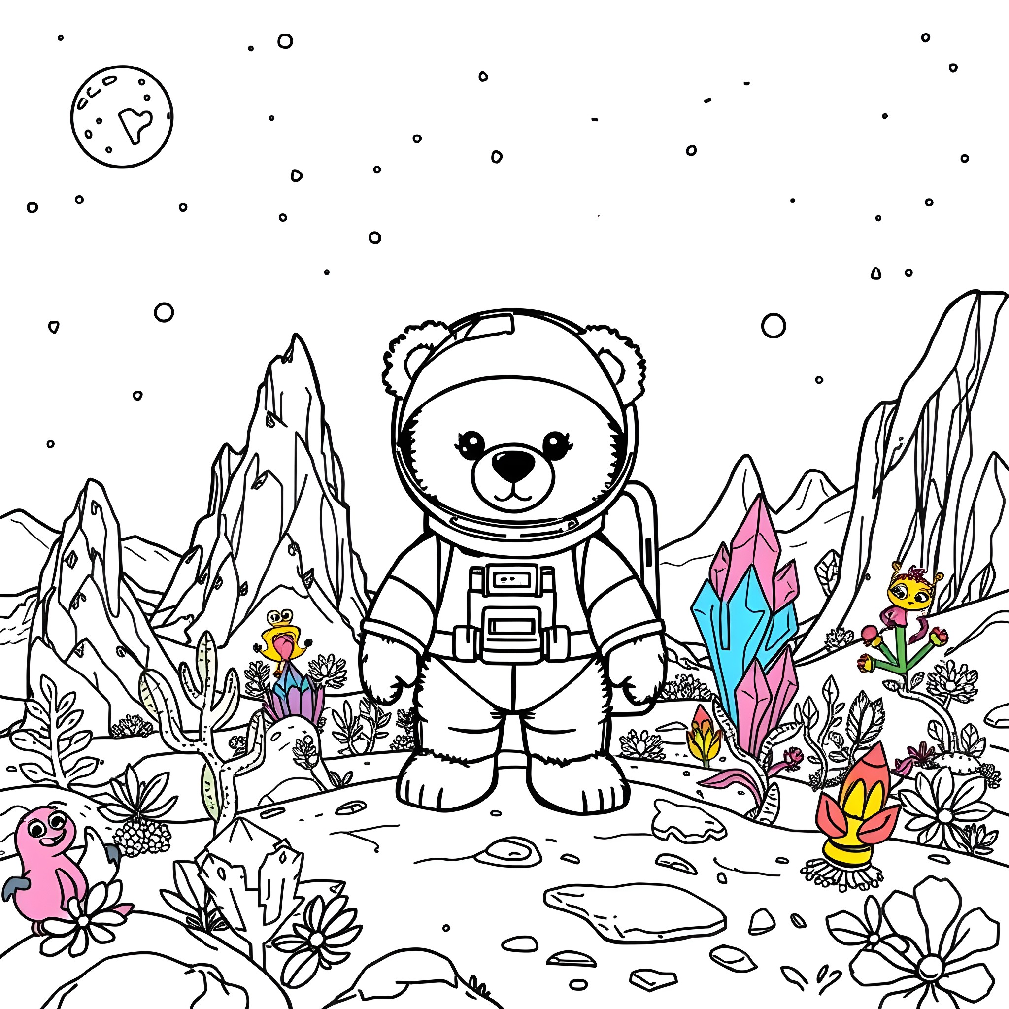 Teddy Bear Astronaut on an Alien Planet Coloring Page (free black-and-white line drawing printable PDF for all, from beginners to advanced learners, including children, teens, adults, and seniors)
