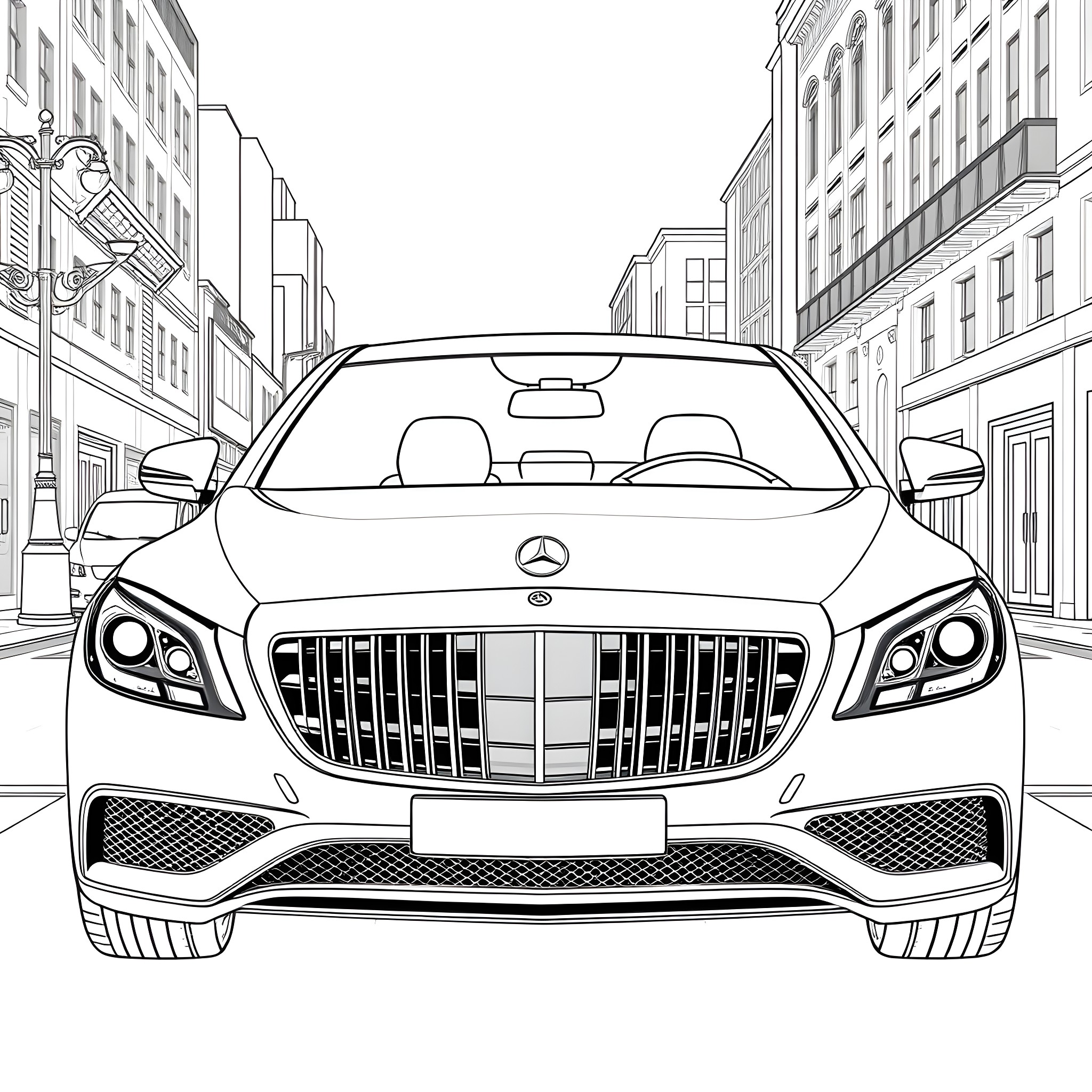 Mercedes luxury sedan on urban street Coloring Page (free black-and-white line drawing printable PDF for all, from beginners to advanced learners, including children, teens, adults, and seniors)
