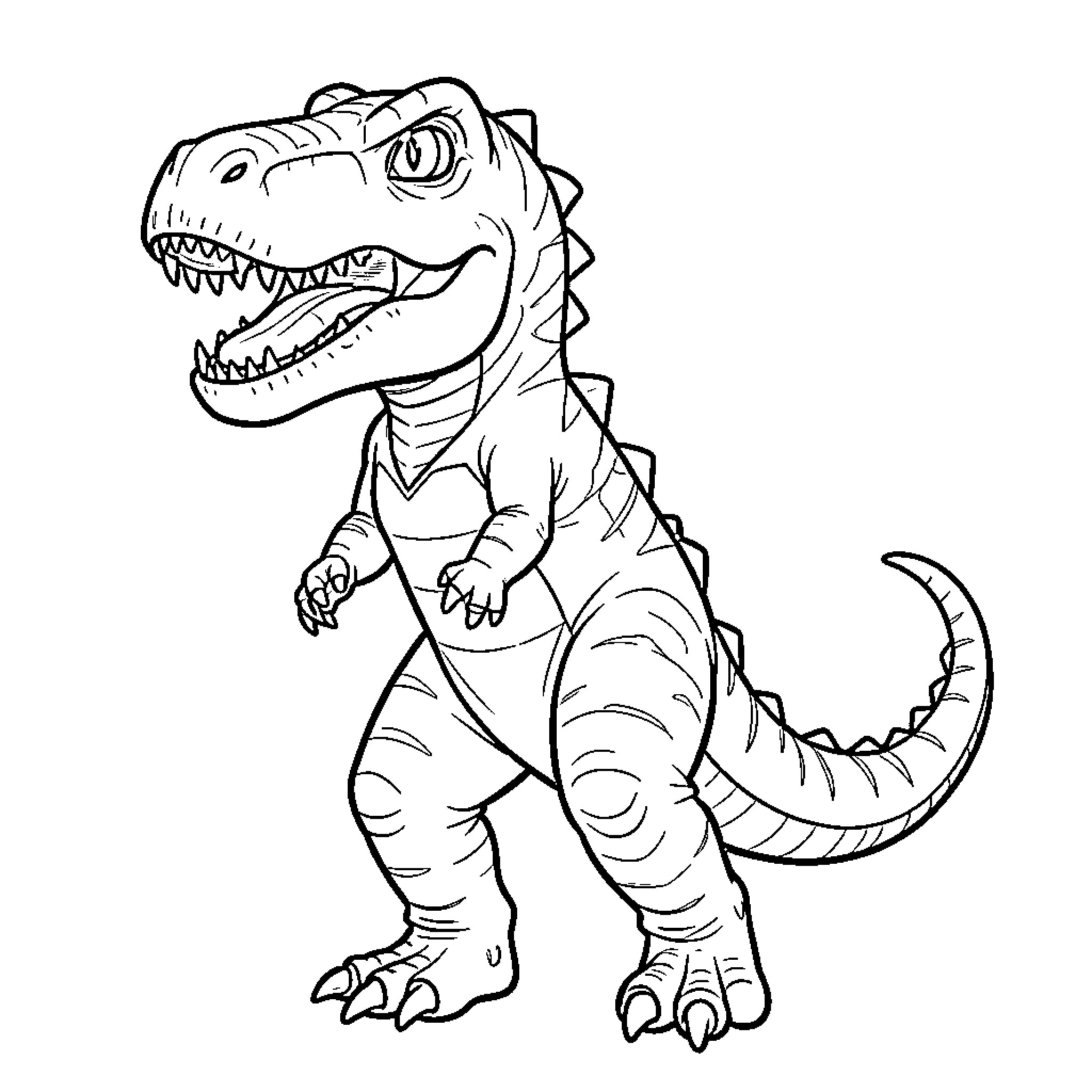 Dinosaur standing and smiling with a friendly expression Coloring Page (free black-and-white line drawing printable PDF for all, from beginners to advanced learners, including children, teens, adults, and seniors)