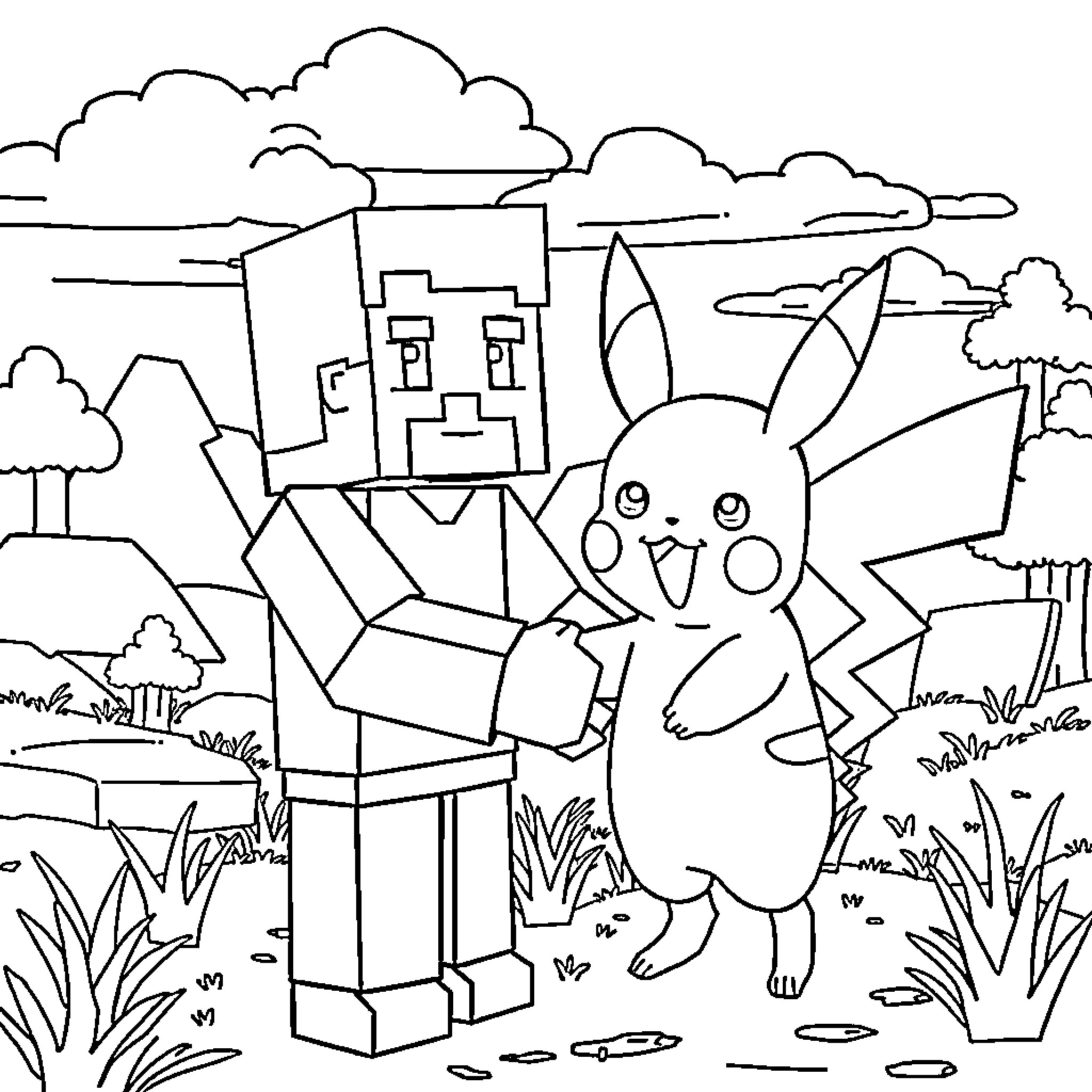 Steve's Playful Encounter with a Curious Creature Coloring Page (free black-and-white line drawing printable PDF for all, from beginners to advanced learners, including children, teens, adults, and seniors)