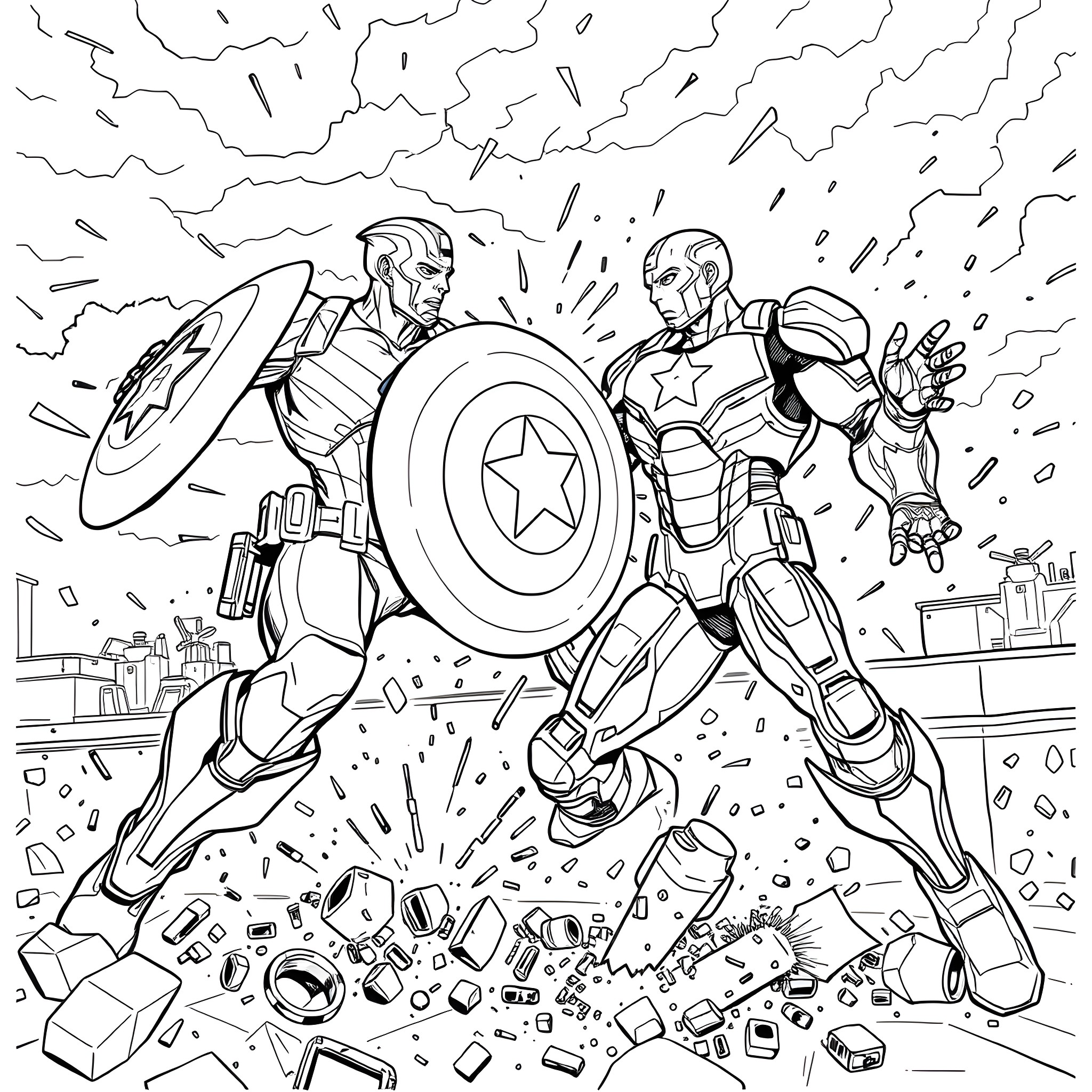 Captain America Battles Alongside Iron Man in Explosive Confrontation Coloring Page (free black-and-white line drawing printable PDF for all, from beginners to advanced learners, including children, teens, adults, and seniors)