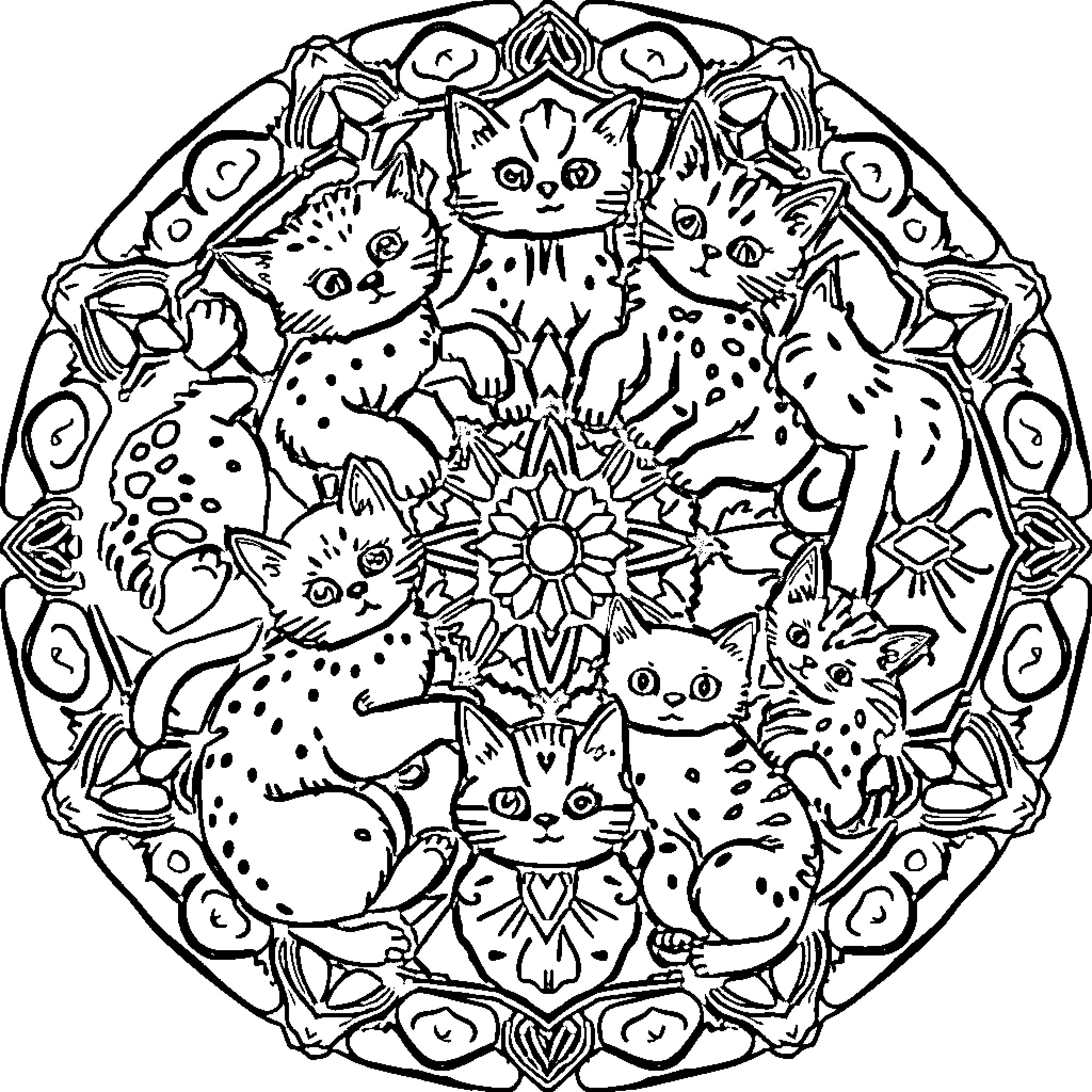 Cat Mandala with Playful Kittens Coloring Page (free black-and-white line drawing printable PDF for all, from beginners to advanced learners, including children, teens, adults, and seniors)
