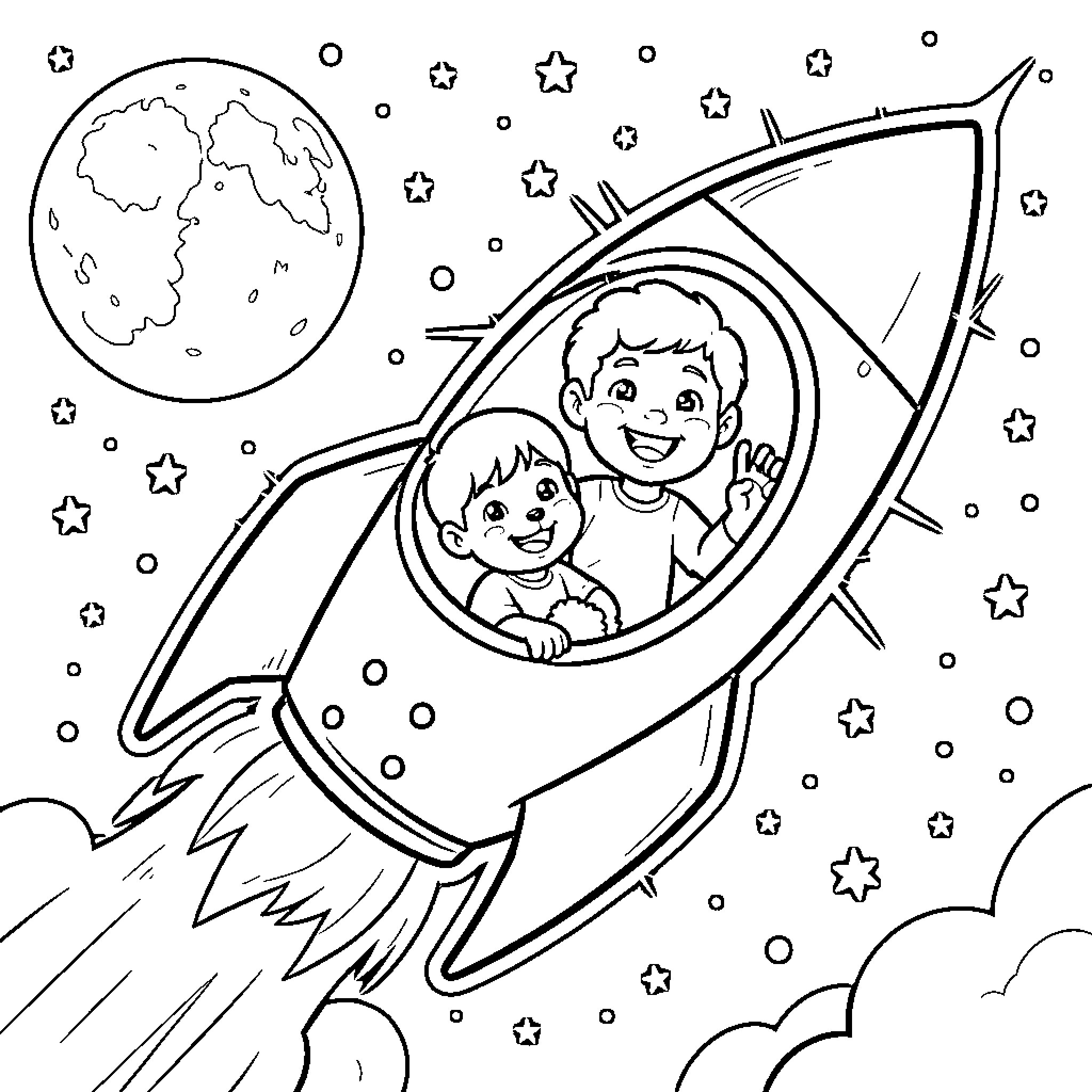 Niño flying through the stars in a rocket Coloring Page (free black-and-white line drawing printable PDF for all, from beginners to advanced learners, including children, teens, adults, and seniors)