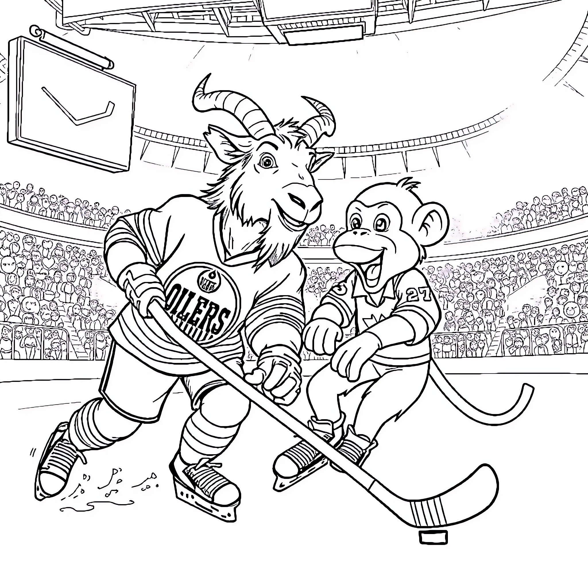 Goat hockey players in competition on the ice rink Coloring Page (free black-and-white line drawing printable PDF for all, from beginners to advanced learners, including children, teens, adults, and seniors)