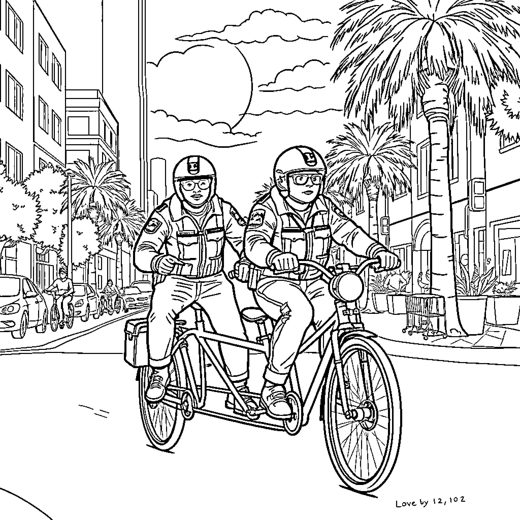 Ice Agents on Bicycles in Tropical City Coloring Page (free black-and-white line drawing printable PDF for all, from beginners to advanced learners, including children, teens, adults, and seniors)