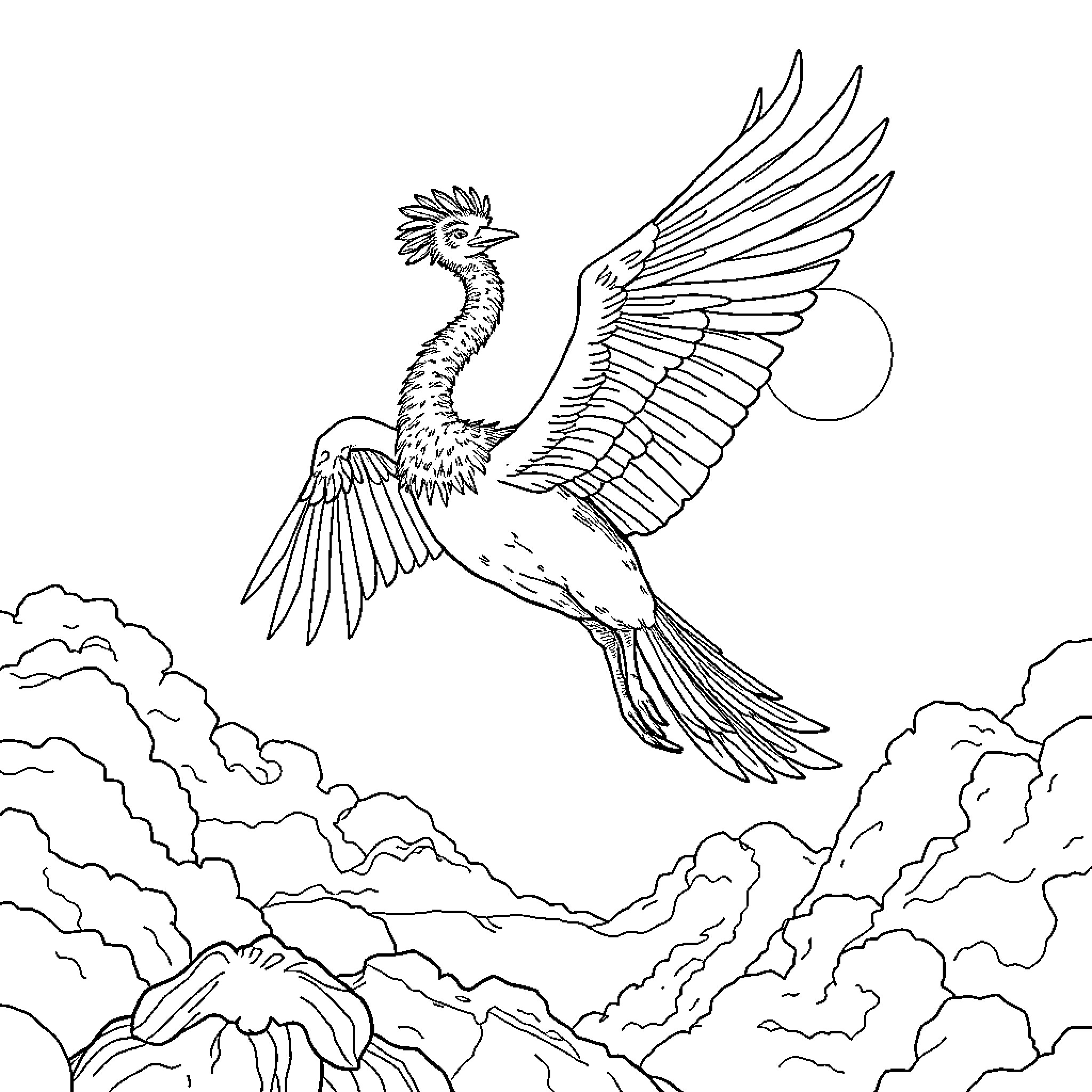 Hippogriff soaring gracefully through cloudy skies Coloring Page (free black-and-white line drawing printable PDF for all, from beginners to advanced learners, including children, teens, adults, and seniors)