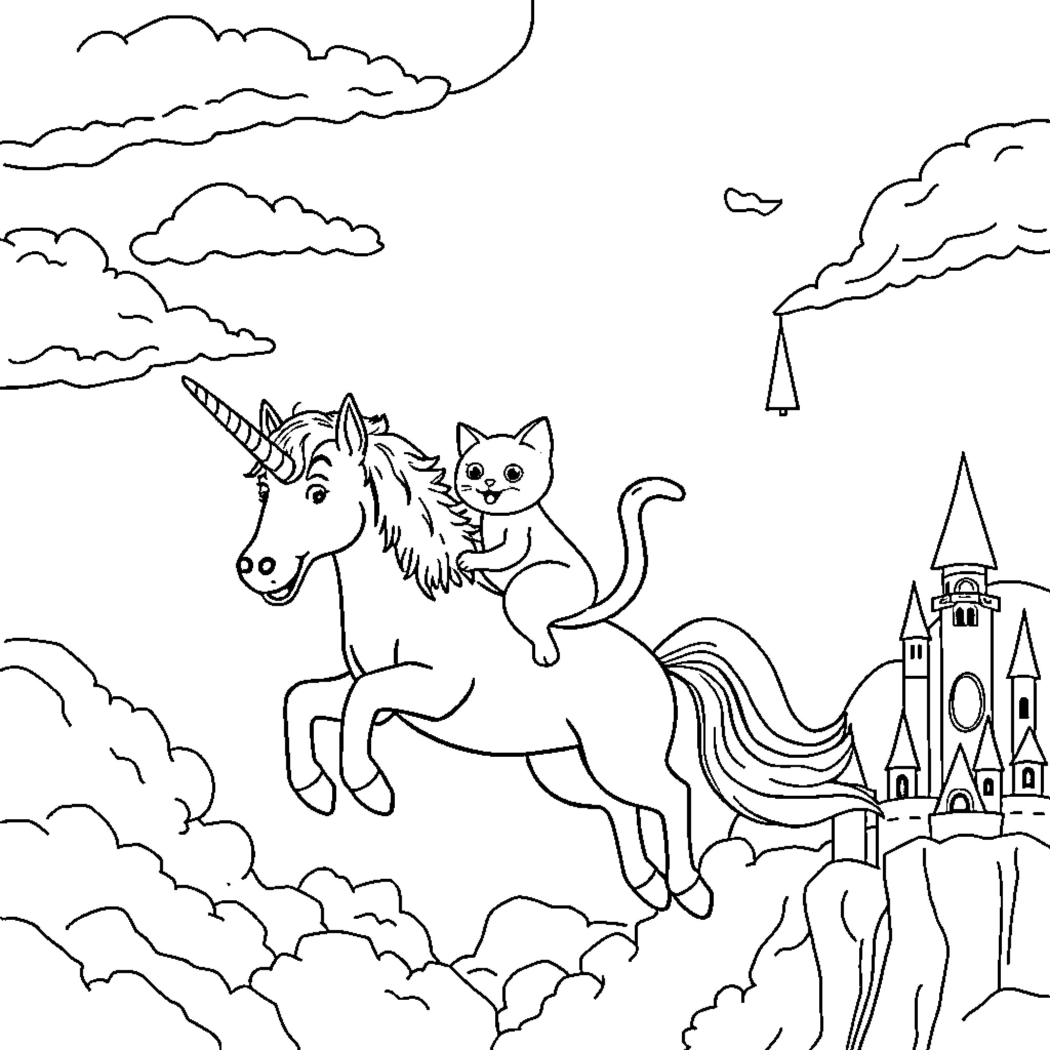 Unicorn and cat adventuring over magical castle Coloring Page (free black-and-white line drawing printable PDF for all, from beginners to advanced learners, including children, teens, adults, and seniors)
