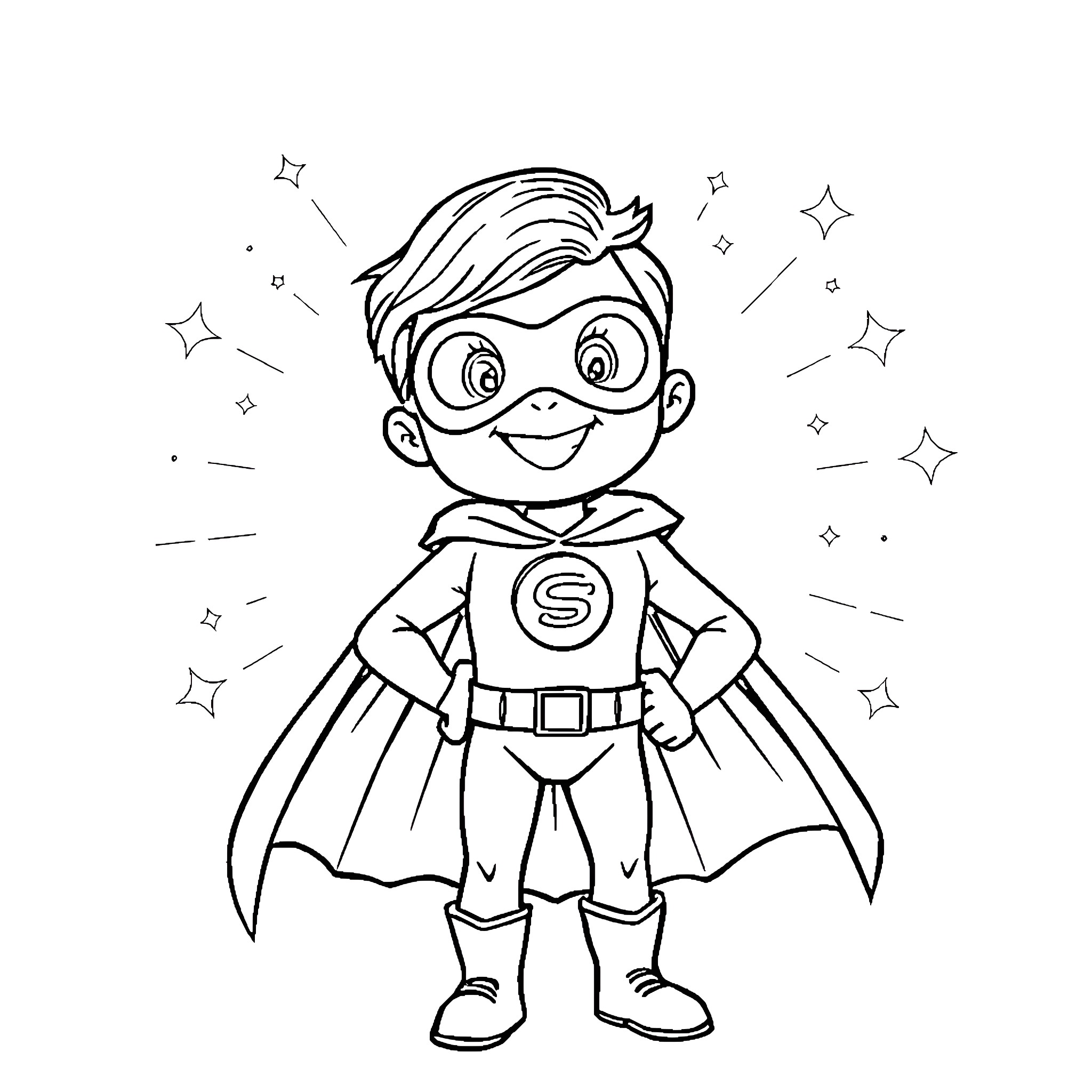 Superhero Boy in Costume and Mask with Stars Coloring Page (free black-and-white line drawing printable PDF for all, from beginners to advanced learners, including children, teens, adults, and seniors)