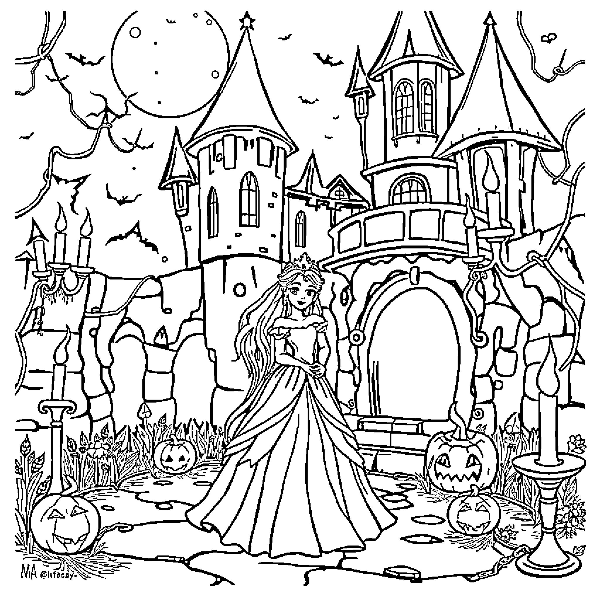 Princess in a Magical Castle on Halloween Night Coloring Page (free black-and-white line drawing printable PDF for all, from beginners to advanced learners, including children, teens, adults, and seniors)