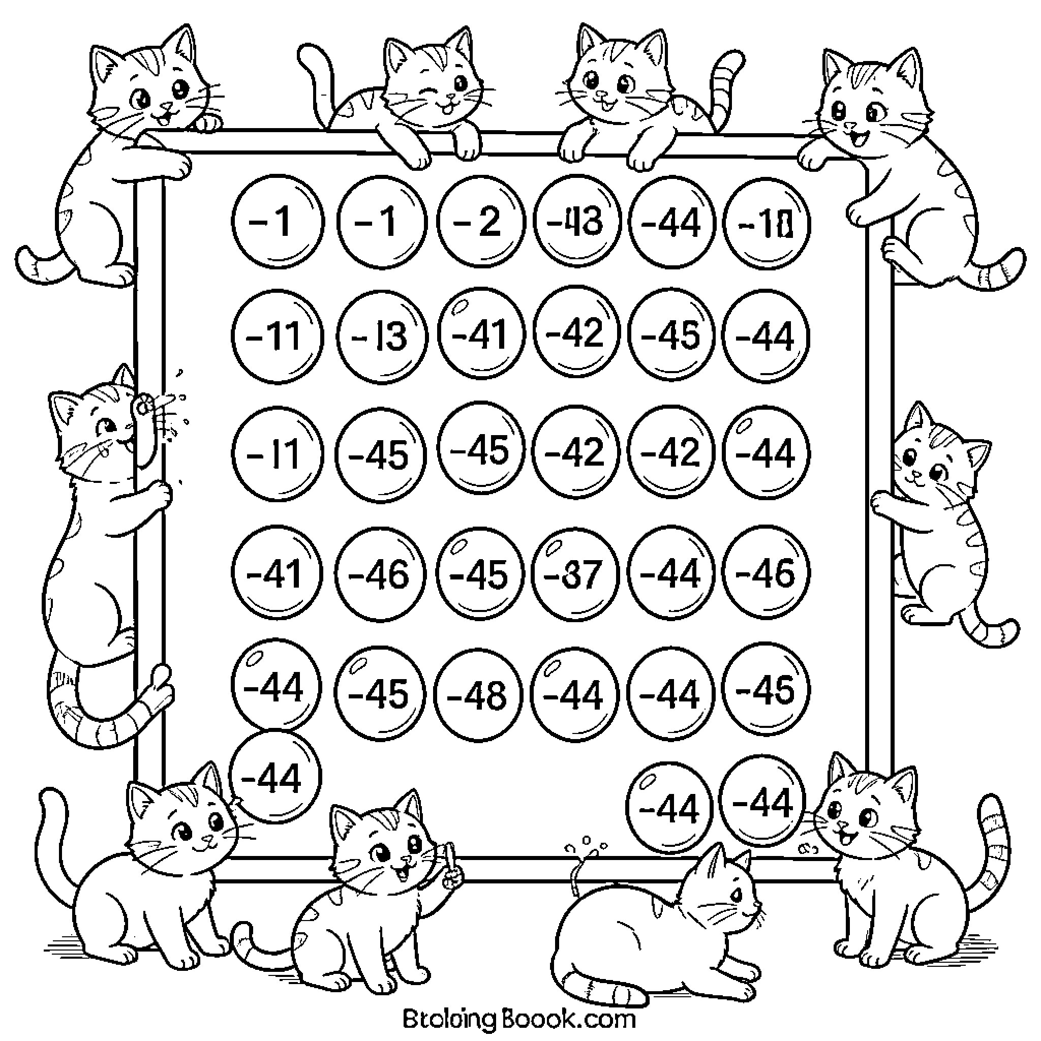Kittens playing with numbers on a grid Coloring Page (free black-and-white line drawing printable PDF for all, from beginners to advanced learners, including children, teens, adults, and seniors)