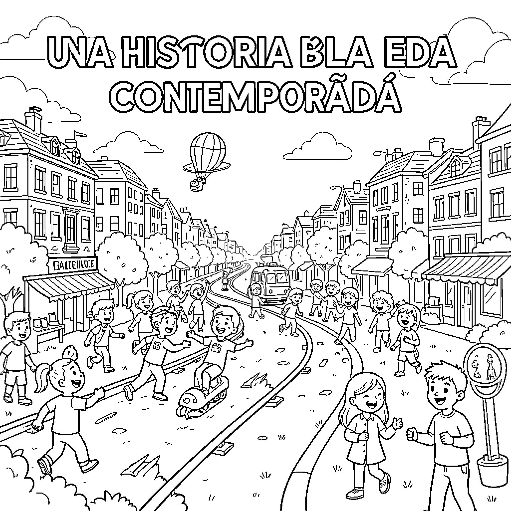 Contemporary Age children playing joyfully in a town street Coloring Page (free black-and-white line drawing printable PDF for all, from beginners to advanced learners, including children, teens, adults, and seniors)
