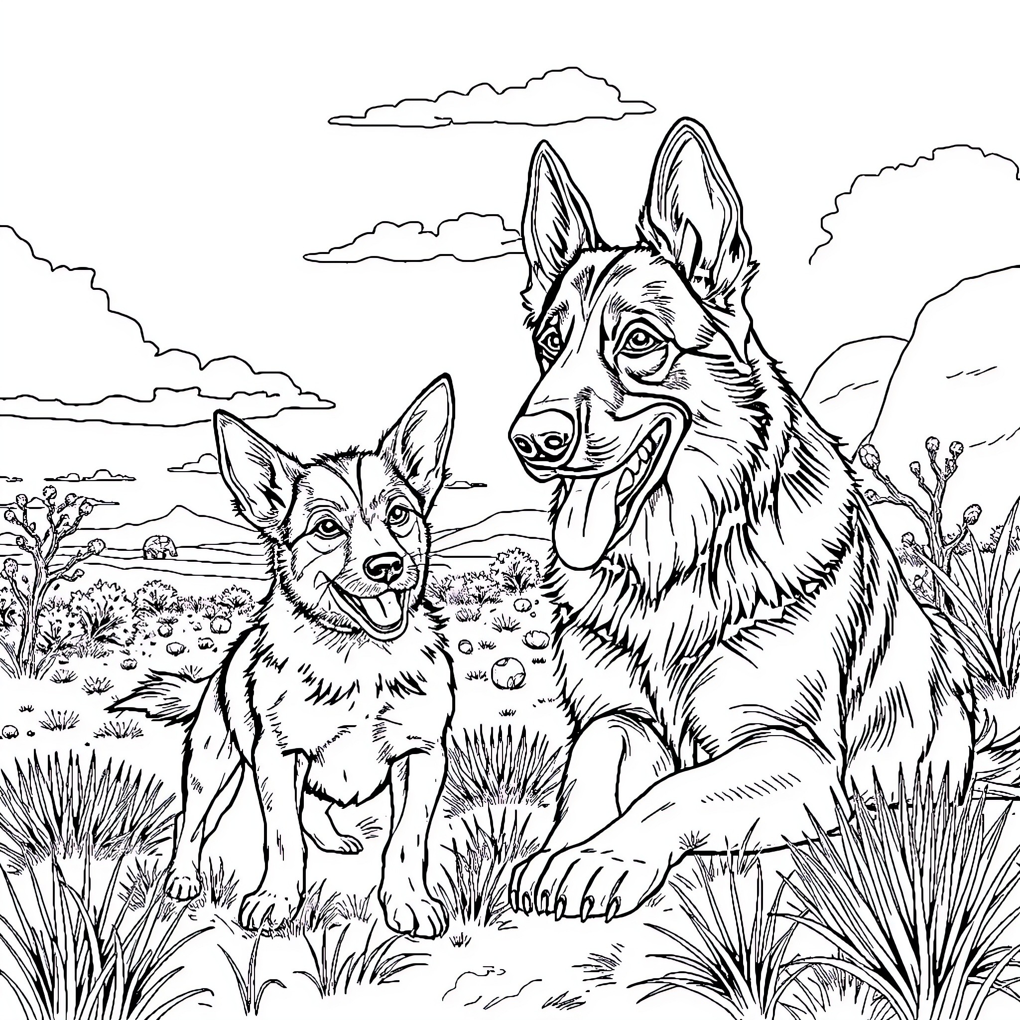 Dog and Puppy in Outdoor Scenery Coloring Page (free black-and-white line drawing printable PDF for all, from beginners to advanced learners, including children, teens, adults, and seniors)