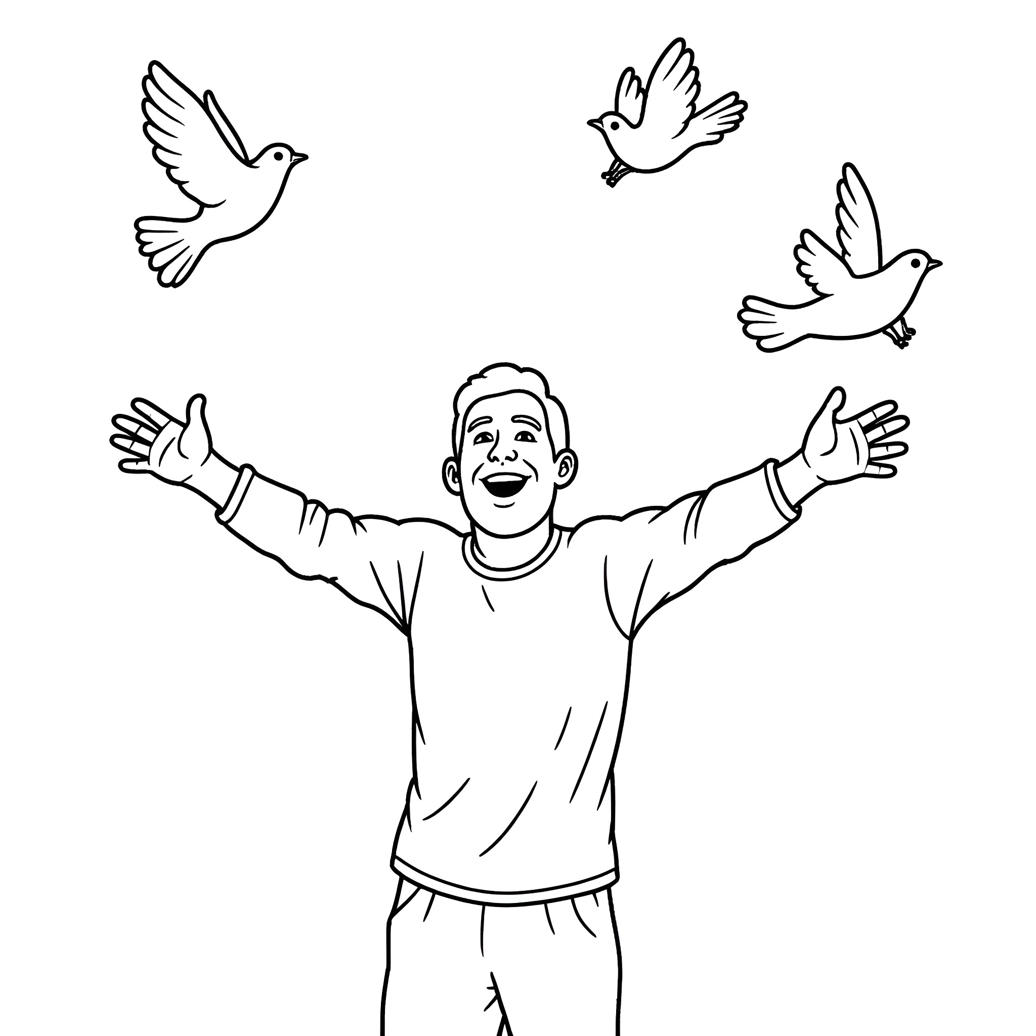 Man with open arms and doves flying around Coloring Page (free black-and-white line drawing printable PDF for all, from beginners to advanced learners, including children, teens, adults, and seniors)