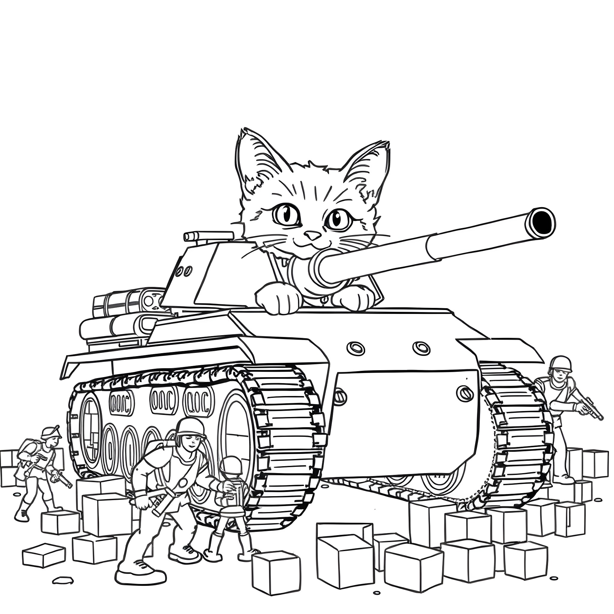 Cat peeking out from behind a military tank Coloring Page (free black-and-white line drawing printable PDF for all, from beginners to advanced learners, including children, teens, adults, and seniors)