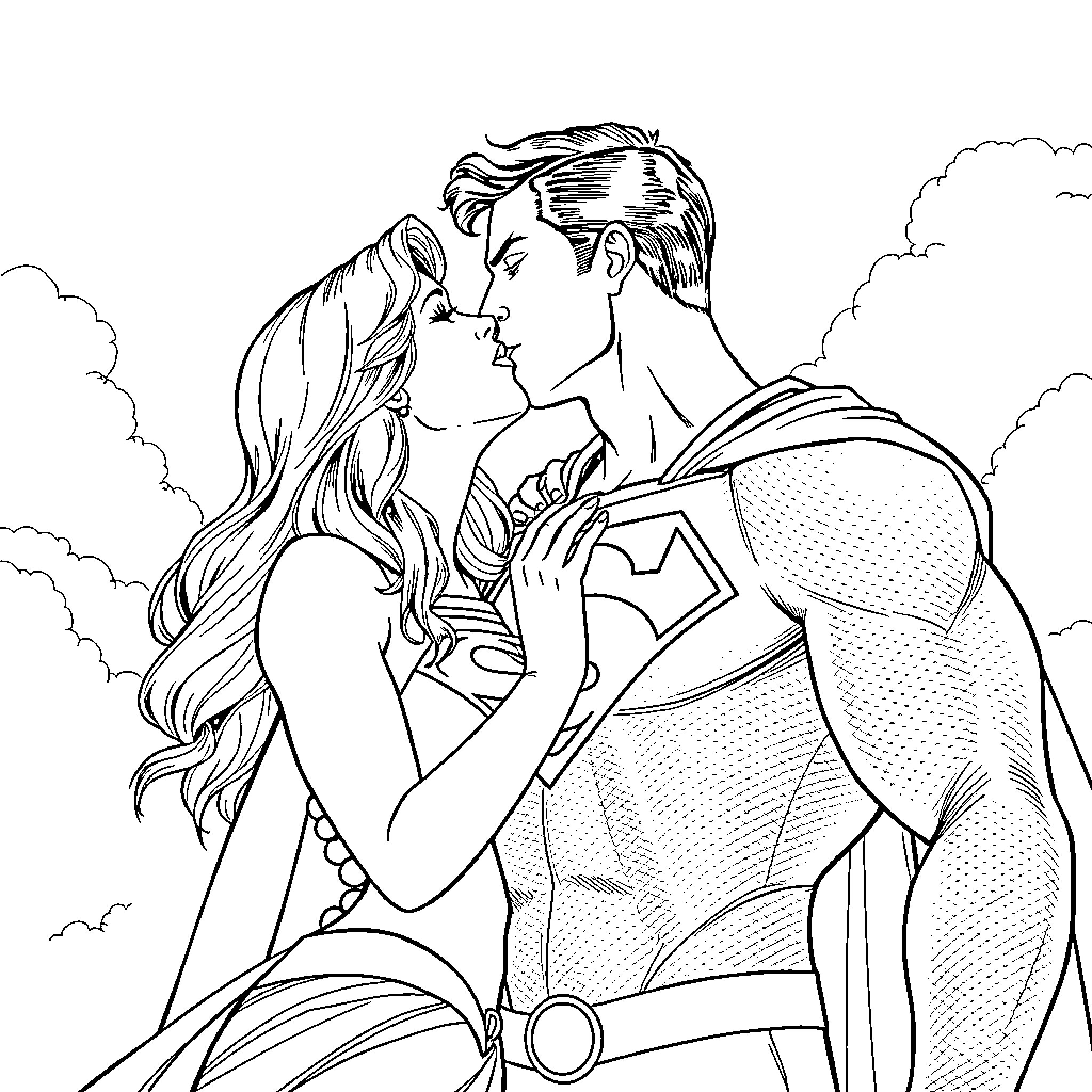 Superman embracing his love interest in the clouds Coloring Page (free black-and-white line drawing printable PDF for all, from beginners to advanced learners, including children, teens, adults, and seniors)