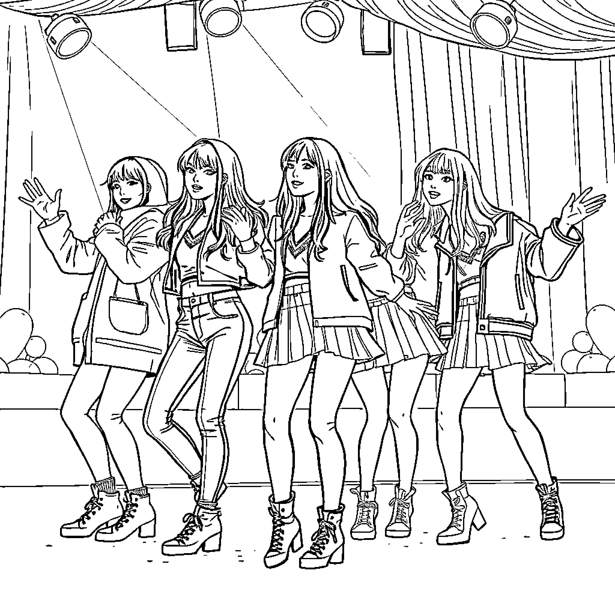 Kpop Girls Performing on Stage Coloring Page (free black-and-white line drawing printable PDF for all, from beginners to advanced learners, including children, teens, adults, and seniors)