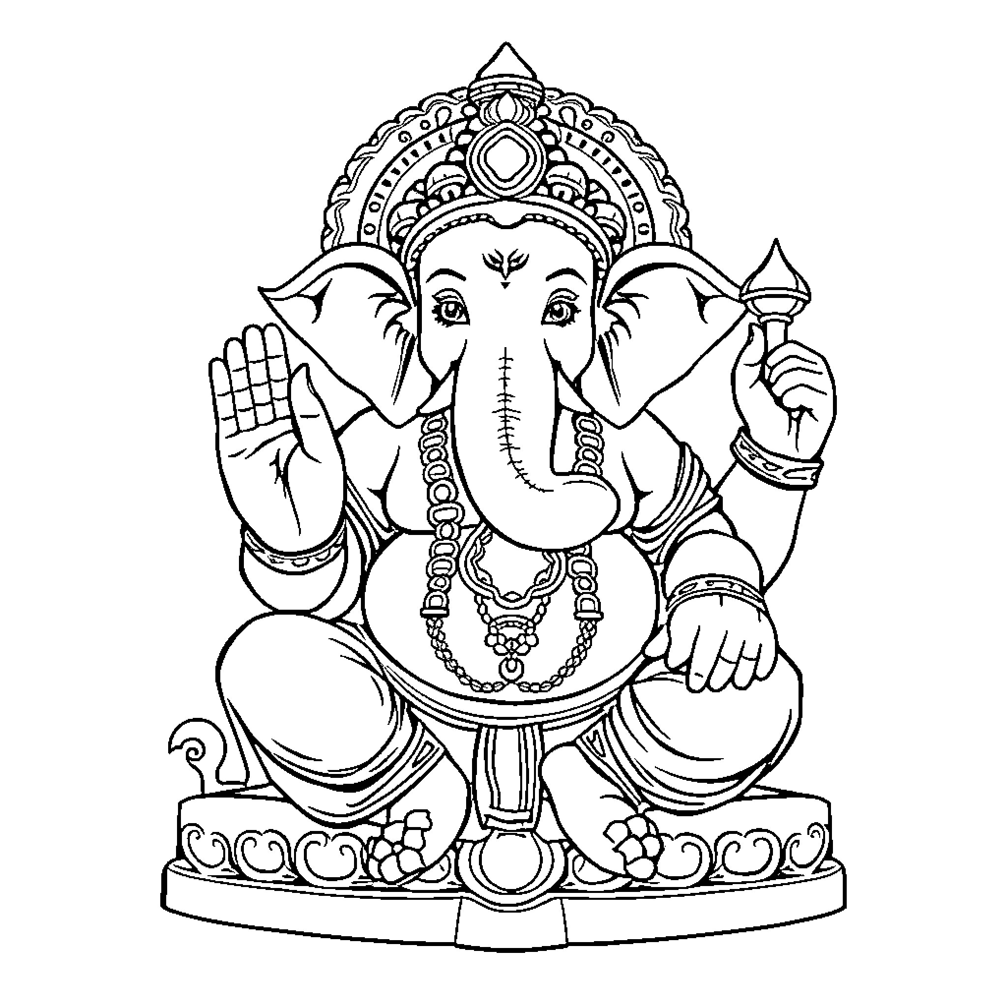 Ganesha the Elephant-Headed Hindu Deity Coloring Page (free black-and-white line drawing printable PDF for all, from beginners to advanced learners, including children, teens, adults, and seniors)
