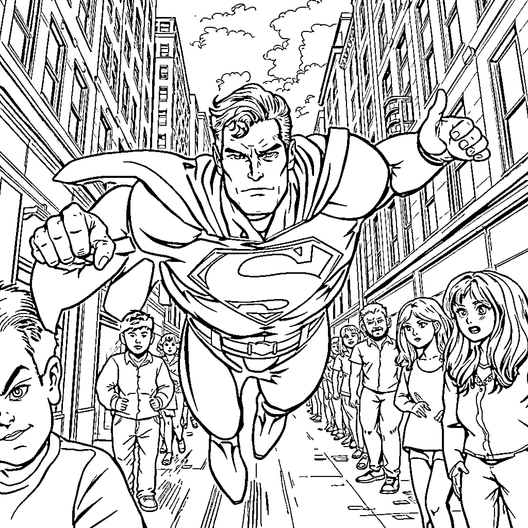 Superman heroically saving civilians in the city Coloring Page (free black-and-white line drawing printable PDF for all, from beginners to advanced learners, including children, teens, adults, and seniors)