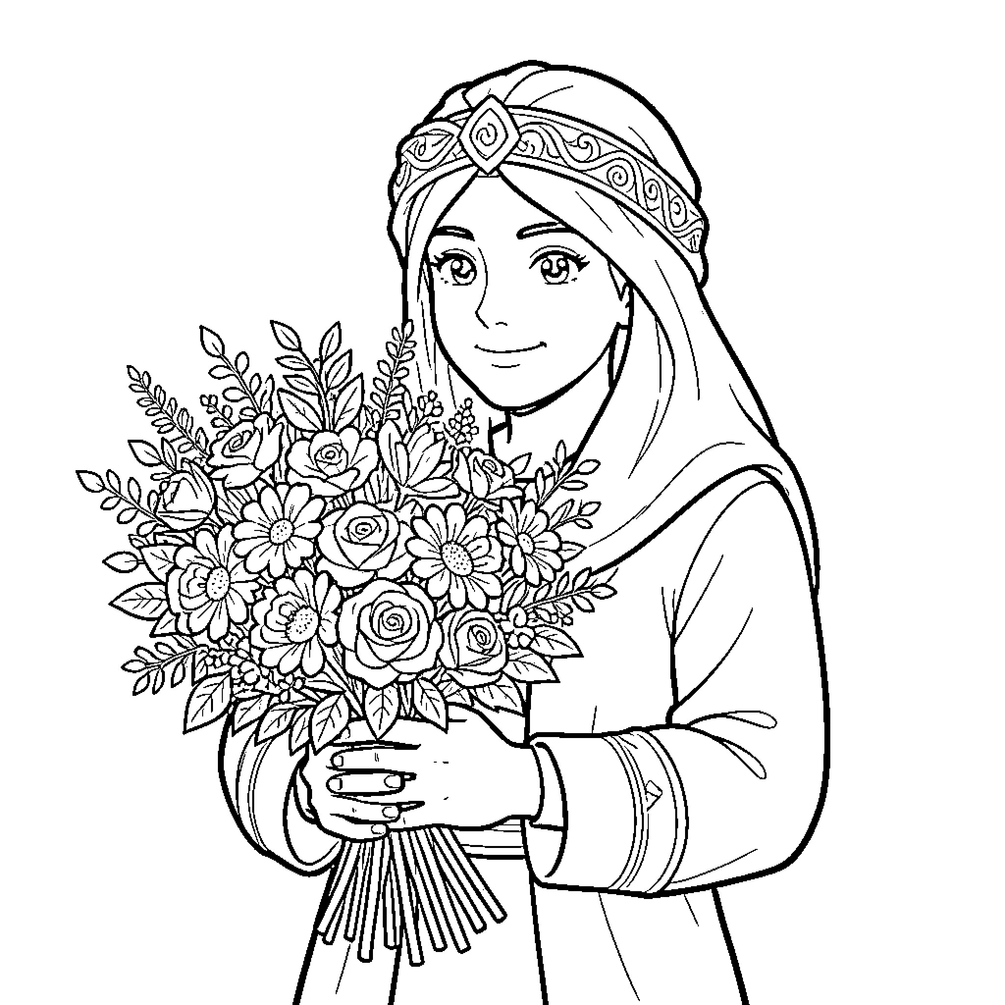 Flower girl holding a beautiful bouquet and smiling Coloring Page (free black-and-white line drawing printable PDF for all, from beginners to advanced learners, including children, teens, adults, and seniors)
