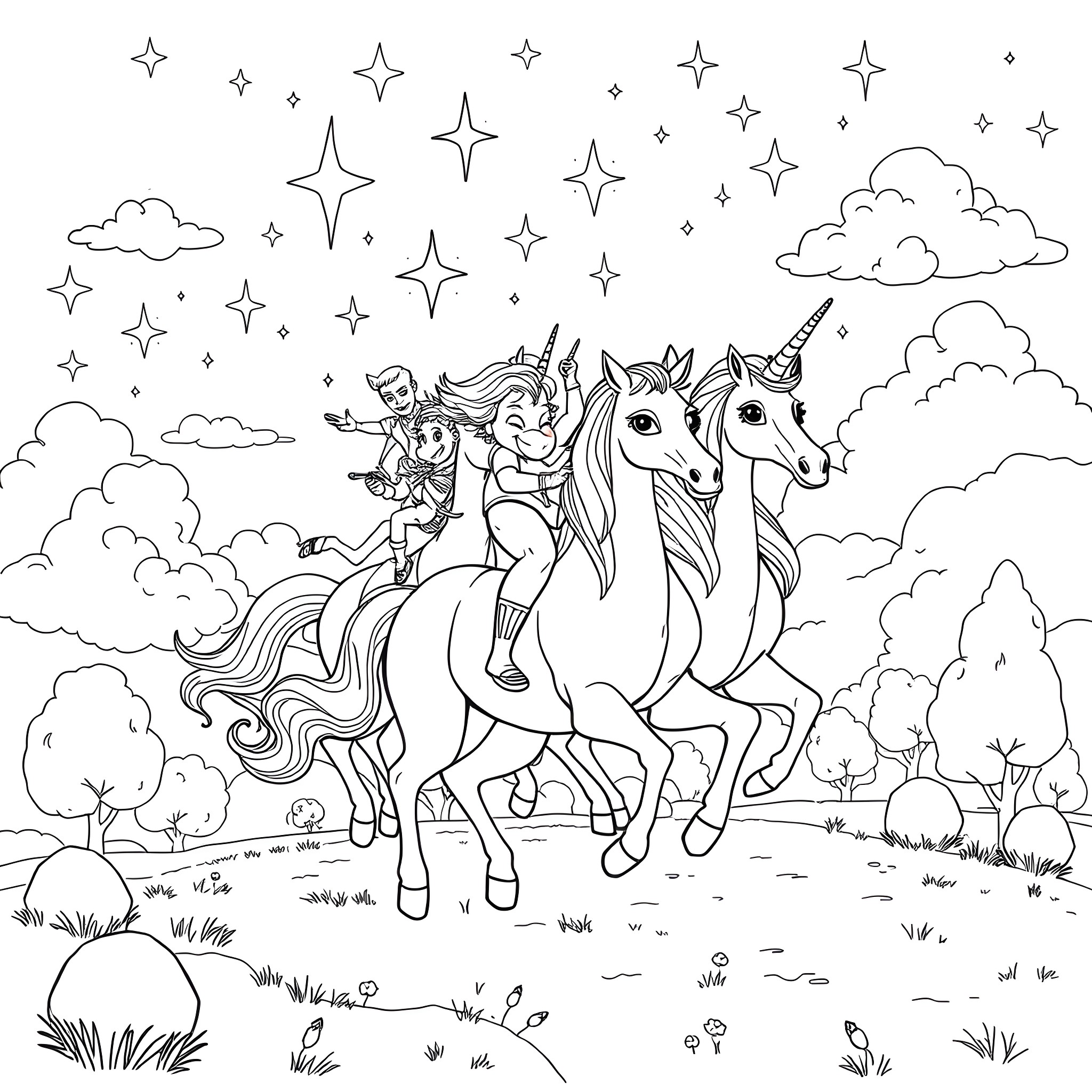 Spidey and friends on a magical unicorn adventure Coloring Page (free black-and-white line drawing printable PDF for all, from beginners to advanced learners, including children, teens, adults, and seniors)