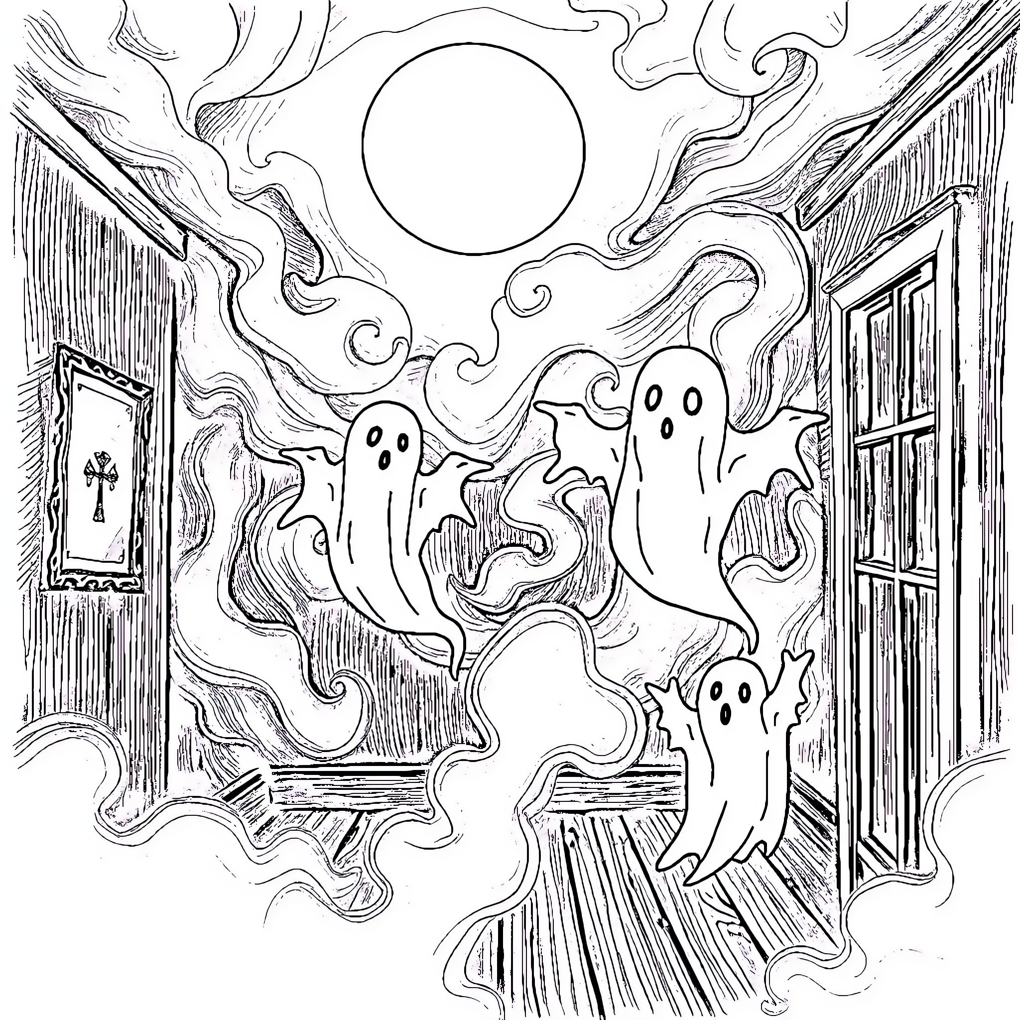 Ghost Spirits Swirling in Haunted House Coloring Page (free black-and-white line drawing printable PDF for all, from beginners to advanced learners, including children, teens, adults, and seniors)