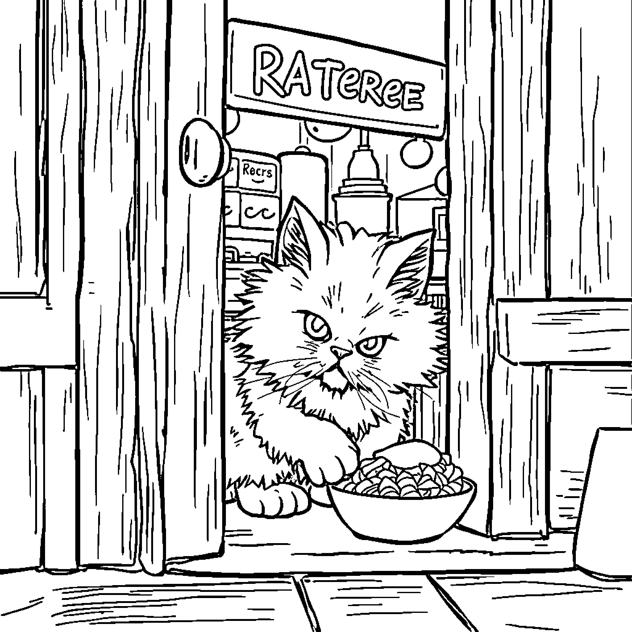Cat peering through a Ratree sign Coloring Page (free black-and-white line drawing printable PDF for all, from beginners to advanced learners, including children, teens, adults, and seniors)
