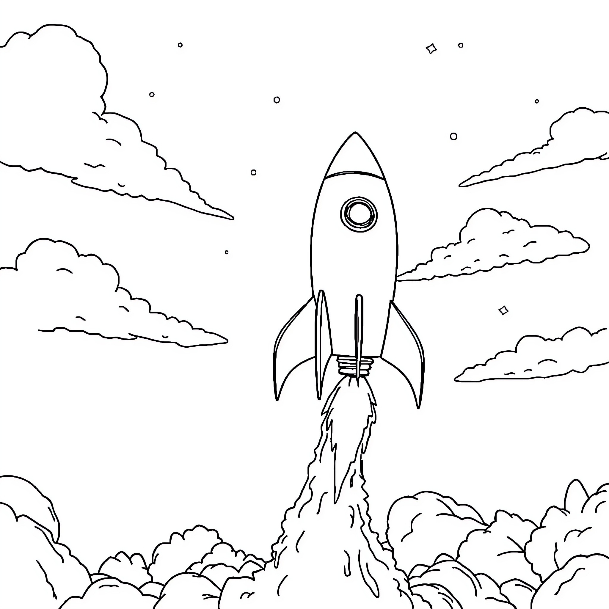 Rocket Blasting Off into the Starry Sky Coloring Page (free black-and-white line drawing printable PDF for all, from beginners to advanced learners, including children, teens, adults, and seniors)