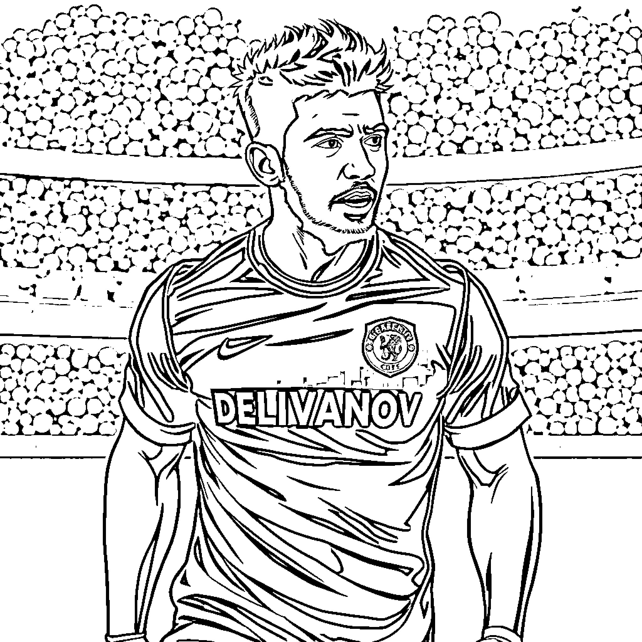 Raphinha playing soccer in stadium Coloring Page (free black-and-white line drawing printable PDF for all, from beginners to advanced learners, including children, teens, adults, and seniors)