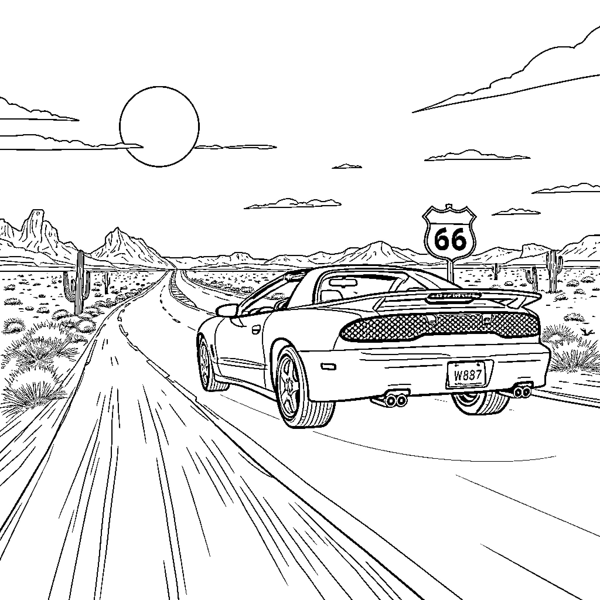 Firebird on the open road under the desert sun Coloring Page (free black-and-white line drawing printable PDF for all, from beginners to advanced learners, including children, teens, adults, and seniors)