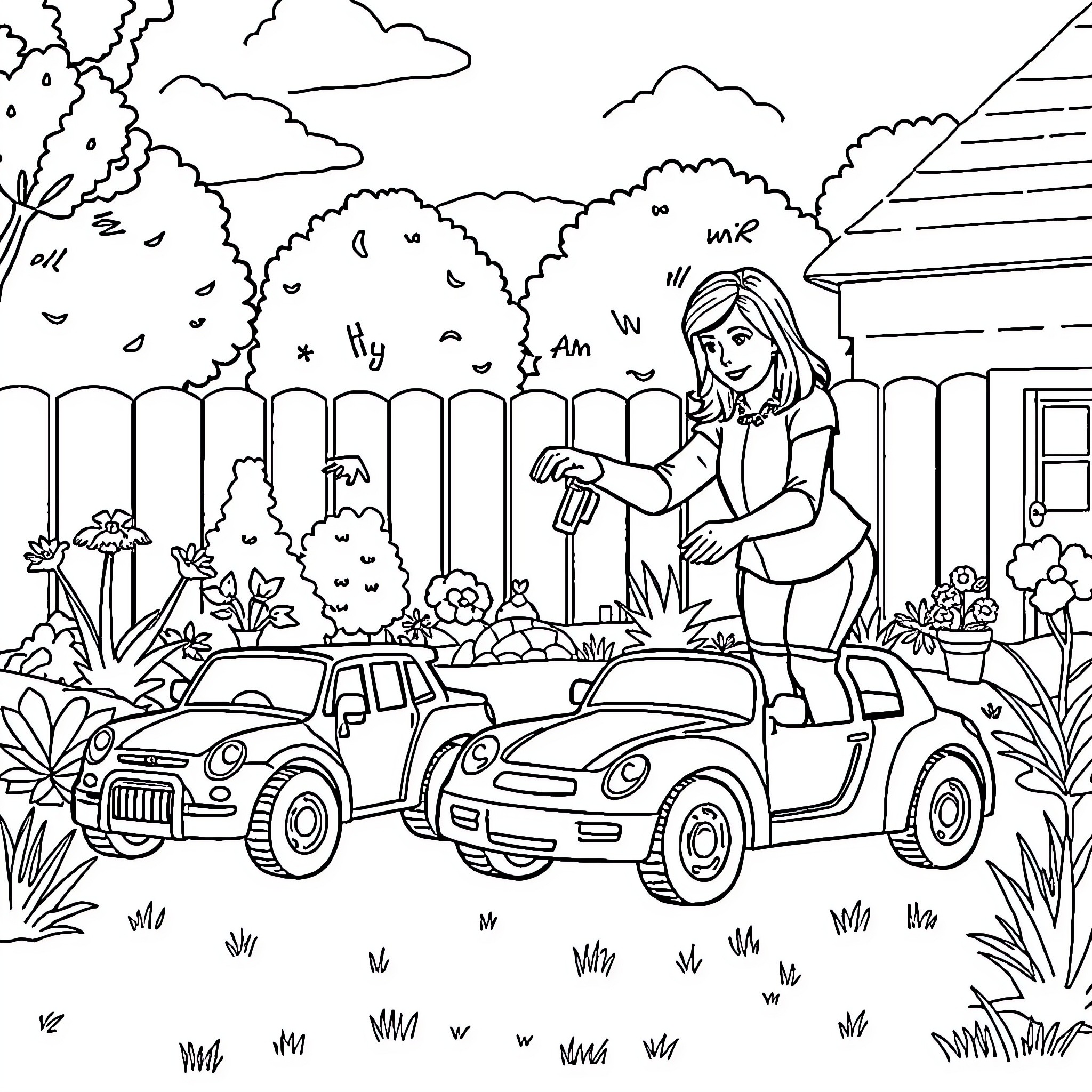 Martha Stewart Gardening and Admiring Vintage Cars Coloring Page (free black-and-white line drawing printable PDF for all, from beginners to advanced learners, including children, teens, adults, and seniors)
