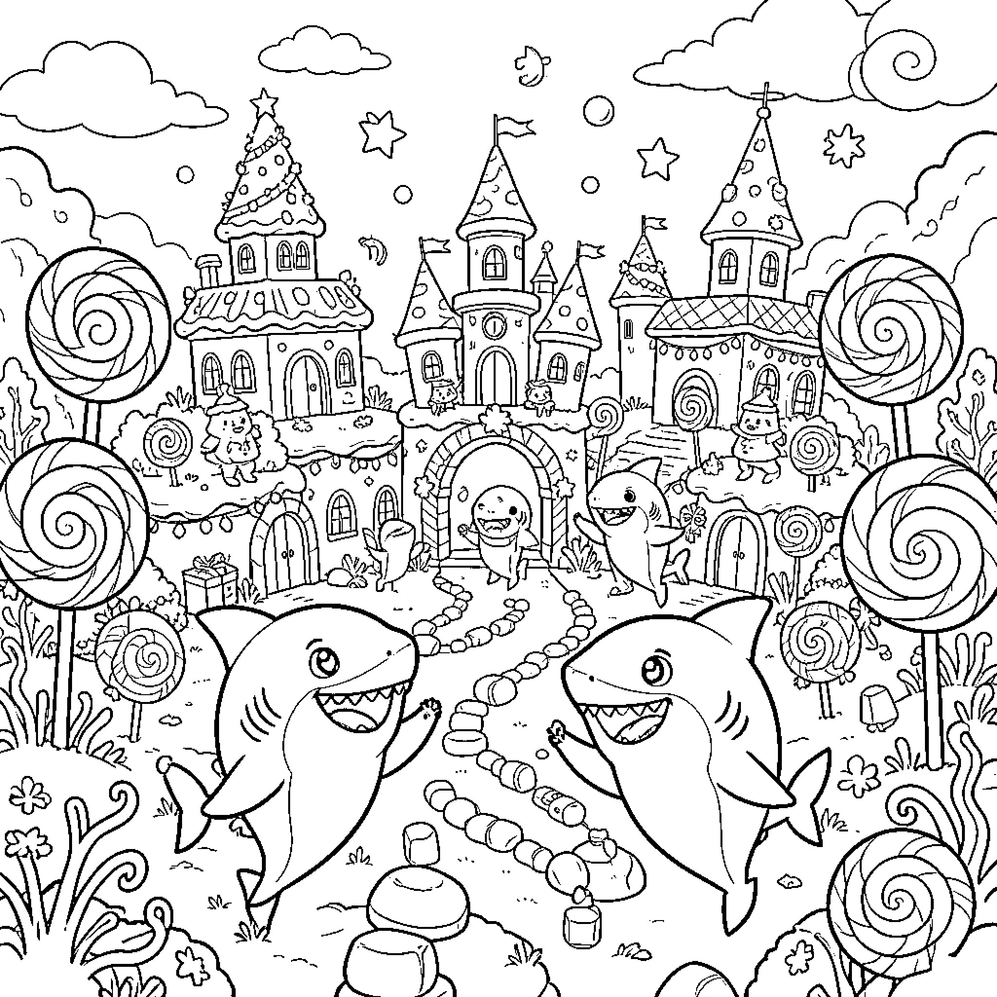 Shark characters celebrating in a magical candy kingdom Coloring Page (free black-and-white line drawing printable PDF for all, from beginners to advanced learners, including children, teens, adults, and seniors)