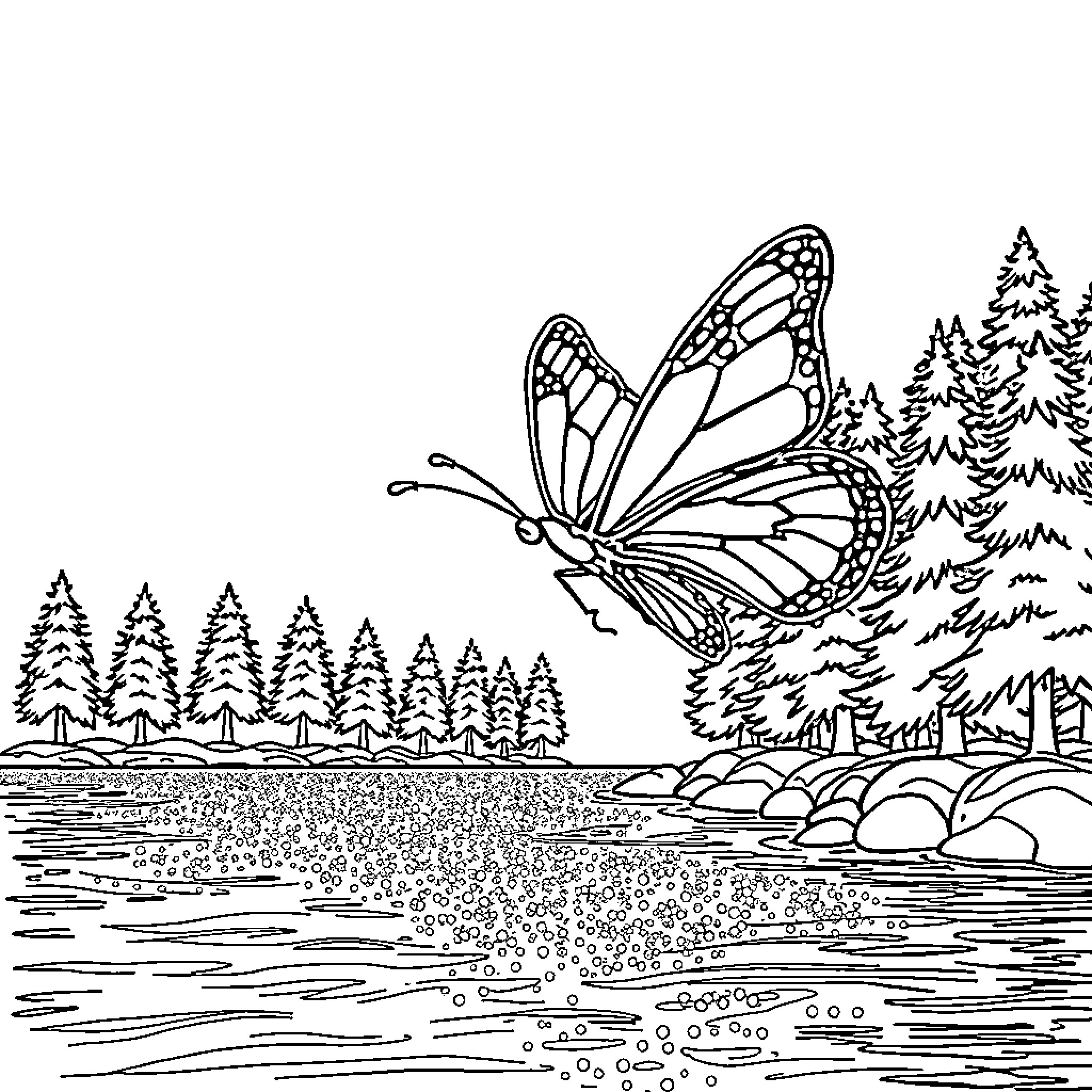Butterfly in a peaceful forest landscape Coloring Page (free black-and-white line drawing printable PDF for all, from beginners to advanced learners, including children, teens, adults, and seniors)