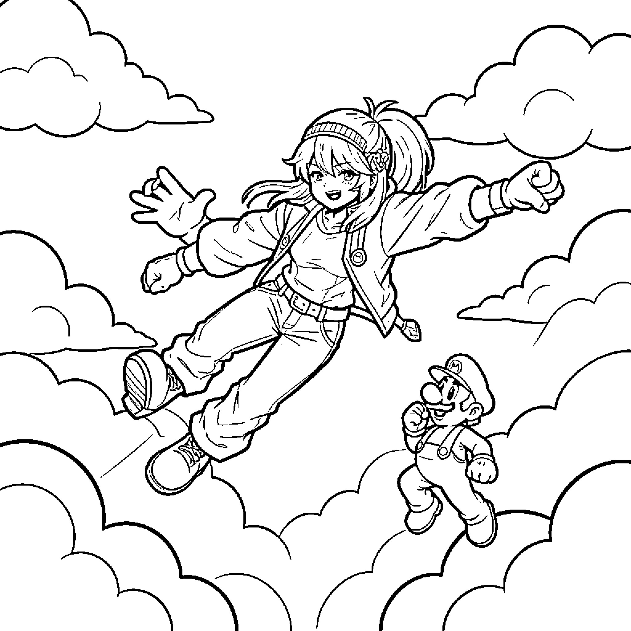 Huntrix's Skyward Adventure with Companion Coloring Page (free black-and-white line drawing printable PDF for all, from beginners to advanced learners, including children, teens, adults, and seniors)