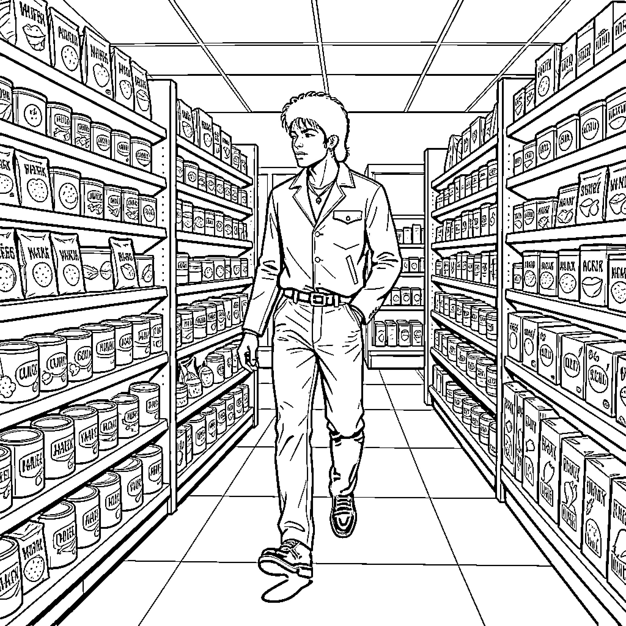 Michael Jackson walking through a grocery store aisle Coloring Page (free black-and-white line drawing printable PDF for all, from beginners to advanced learners, including children, teens, adults, and seniors)
