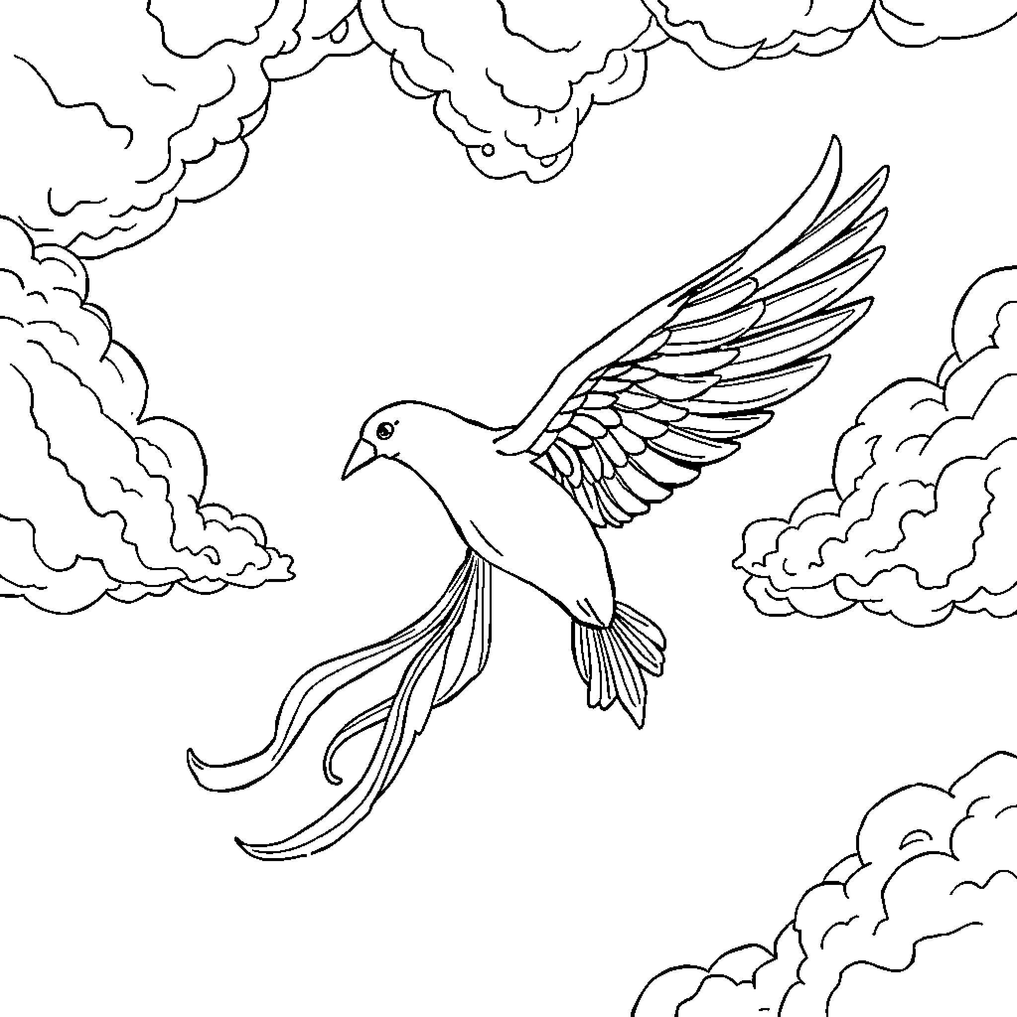 Parrot soaring through cloudy skies Coloring Page (free black-and-white line drawing printable PDF for all, from beginners to advanced learners, including children, teens, adults, and seniors)