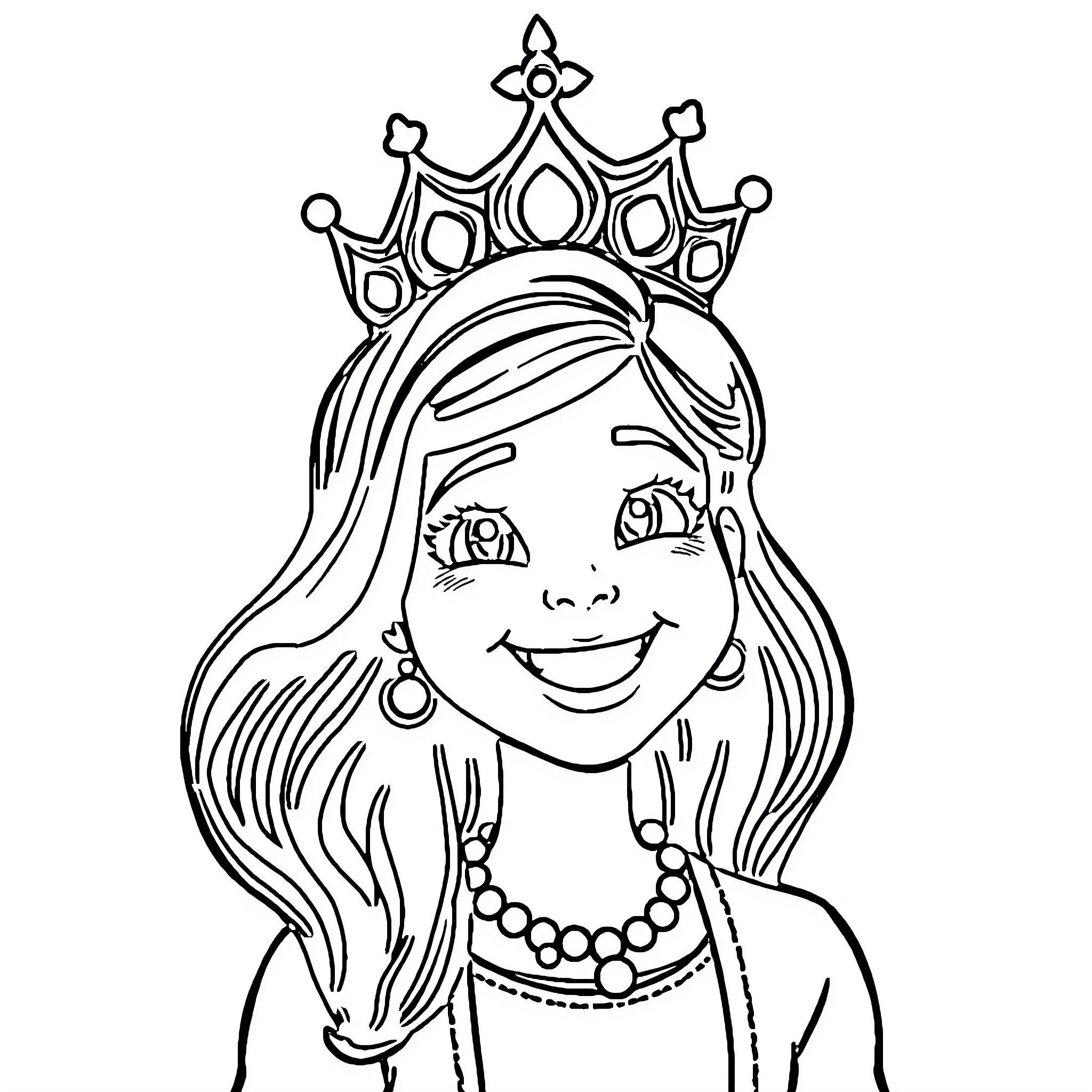 Karla, the smiling princess in a crown Coloring Page (free black-and-white line drawing printable PDF for all, from beginners to advanced learners, including children, teens, adults, and seniors)