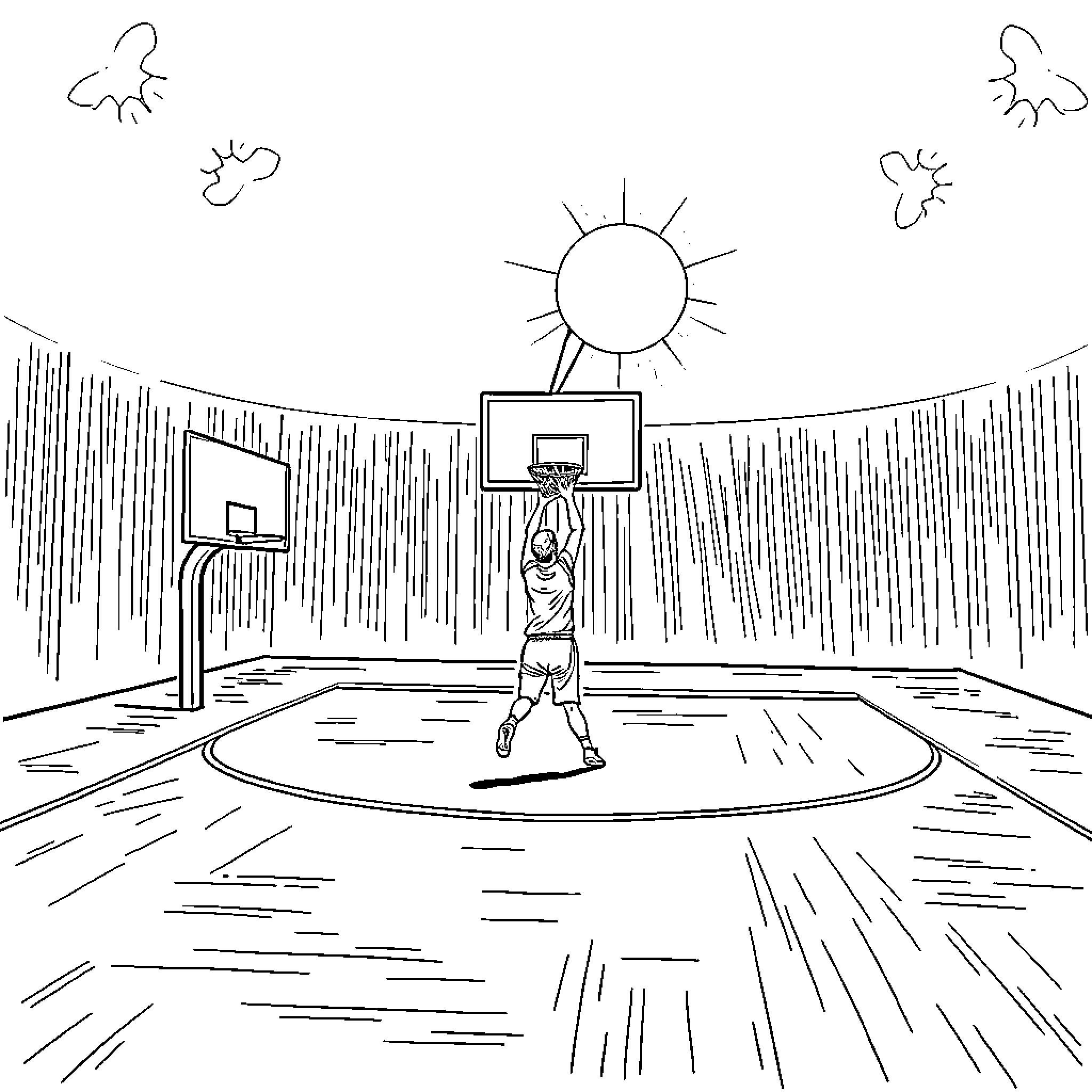 Basketball player shooting hoops on a sunny day Coloring Page (free black-and-white line drawing printable PDF for all, from beginners to advanced learners, including children, teens, adults, and seniors)