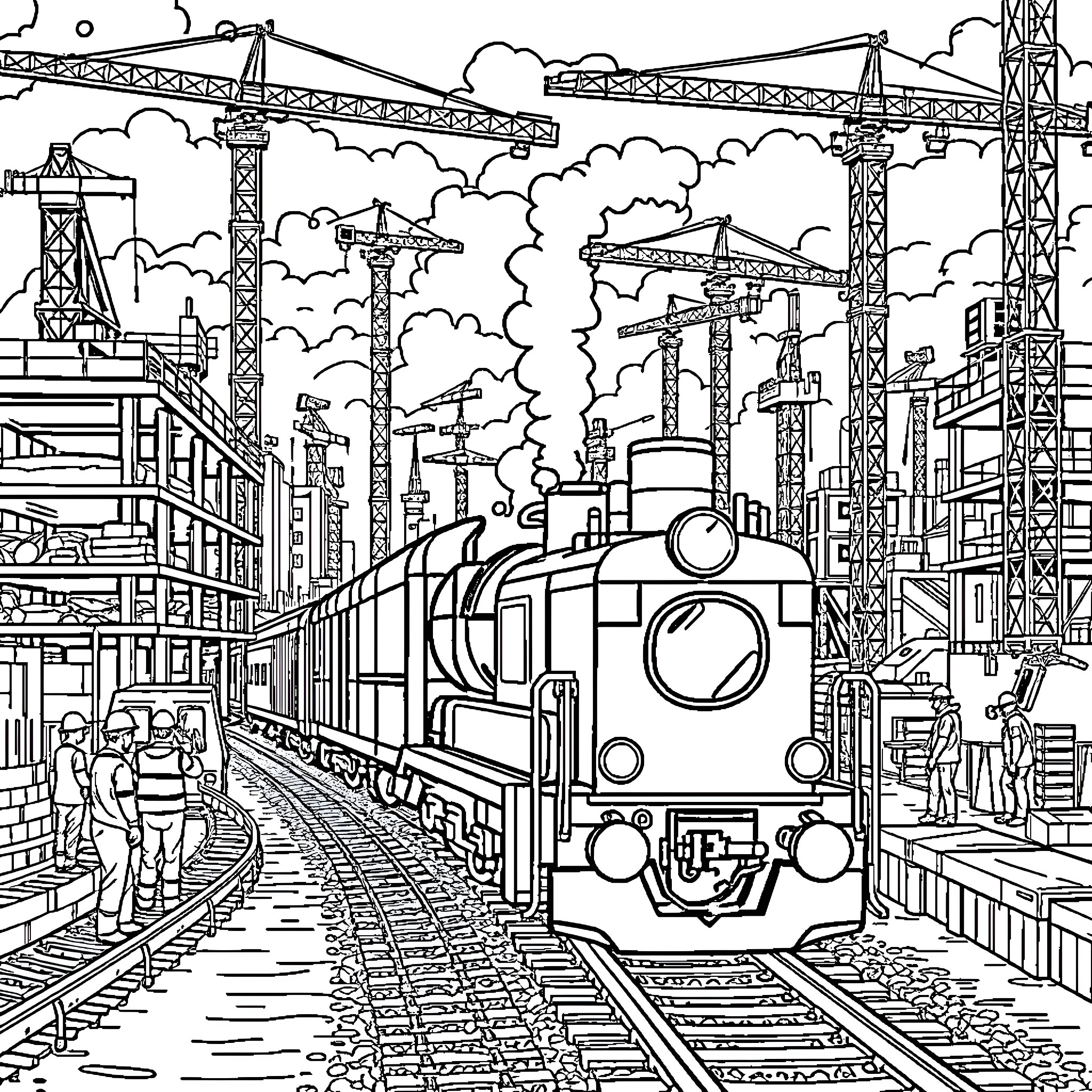 Train Ride Through the Bustling City Coloring Page (free black-and-white line drawing printable PDF for all, from beginners to advanced learners, including children, teens, adults, and seniors)