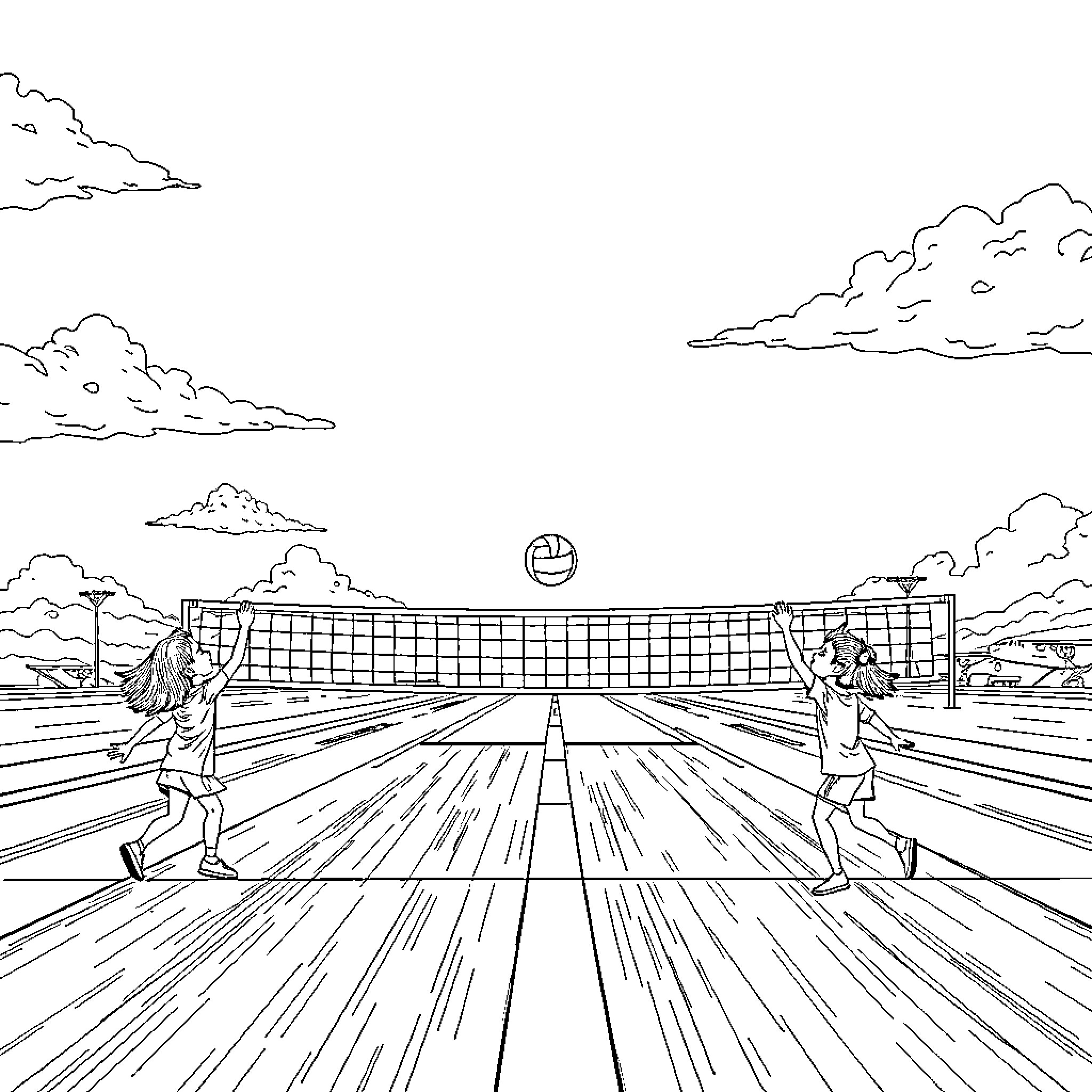 Kid playing outdoor volleyball game on court Coloring Page (free black-and-white line drawing printable PDF for all, from beginners to advanced learners, including children, teens, adults, and seniors)