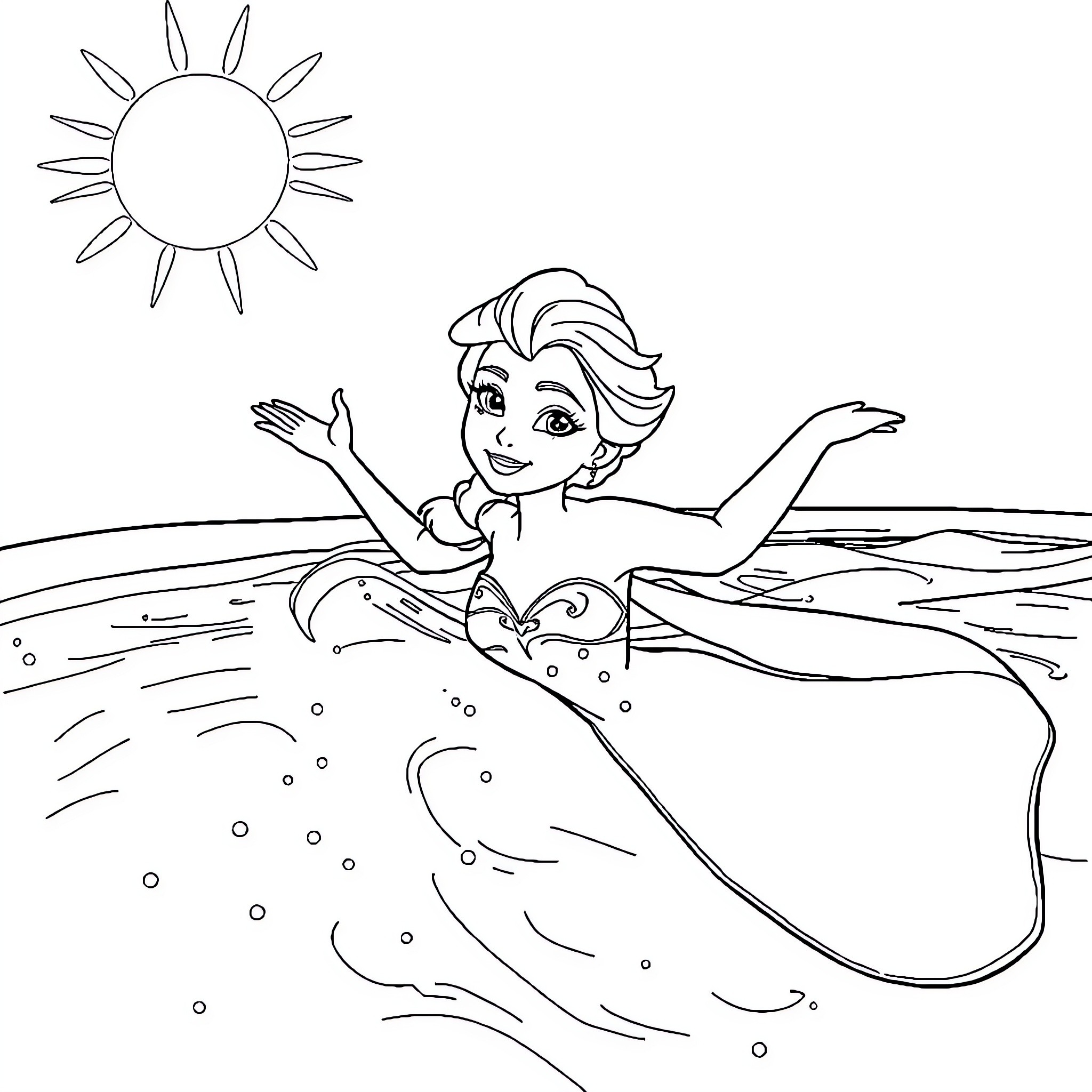 Elsa swimming joyfully in the ocean Coloring Page (free black-and-white line drawing printable PDF for all, from beginners to advanced learners, including children, teens, adults, and seniors)
