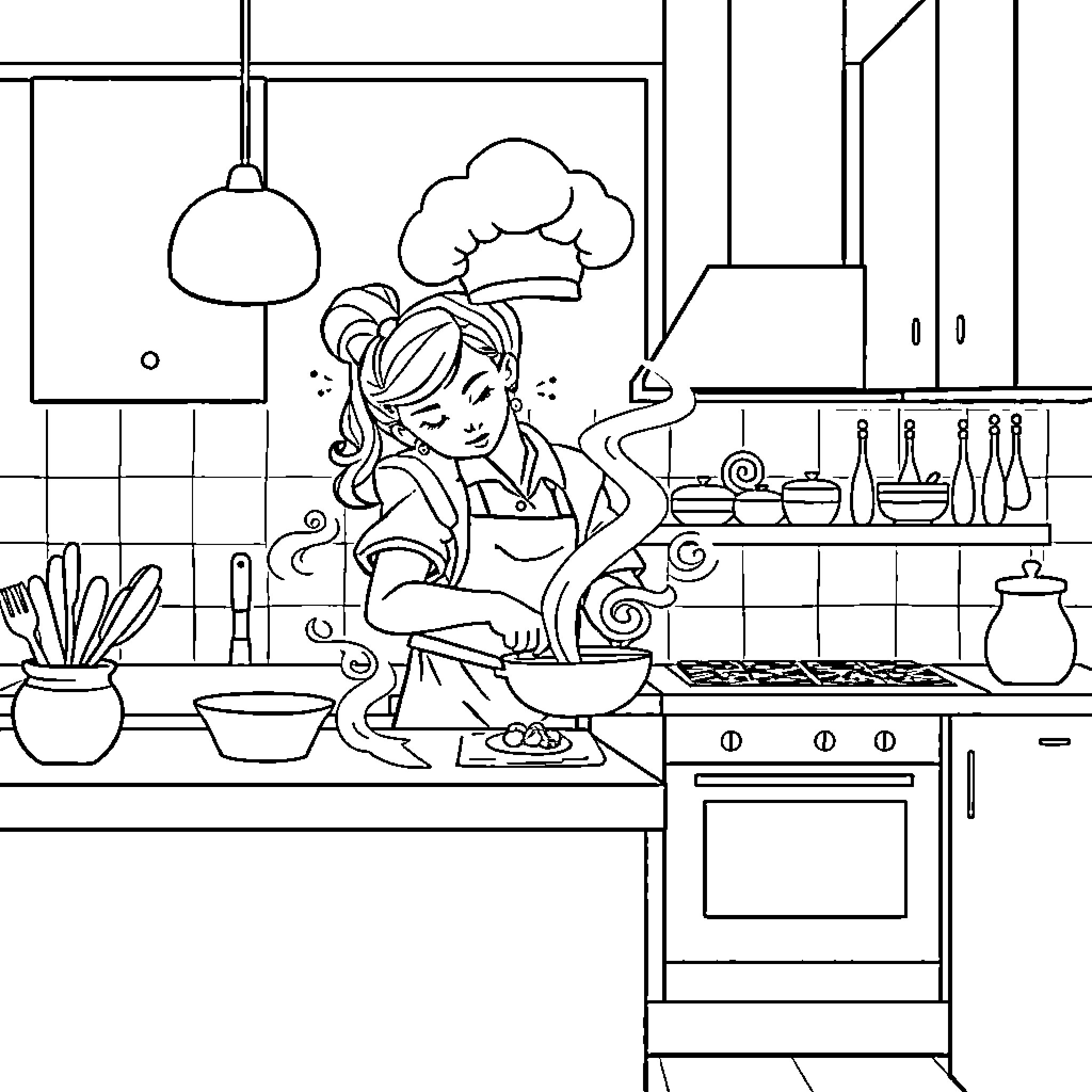 Ghost Girl Cooking in a Kitchen Coloring Page (free black-and-white line drawing printable PDF for all, from beginners to advanced learners, including children, teens, adults, and seniors)