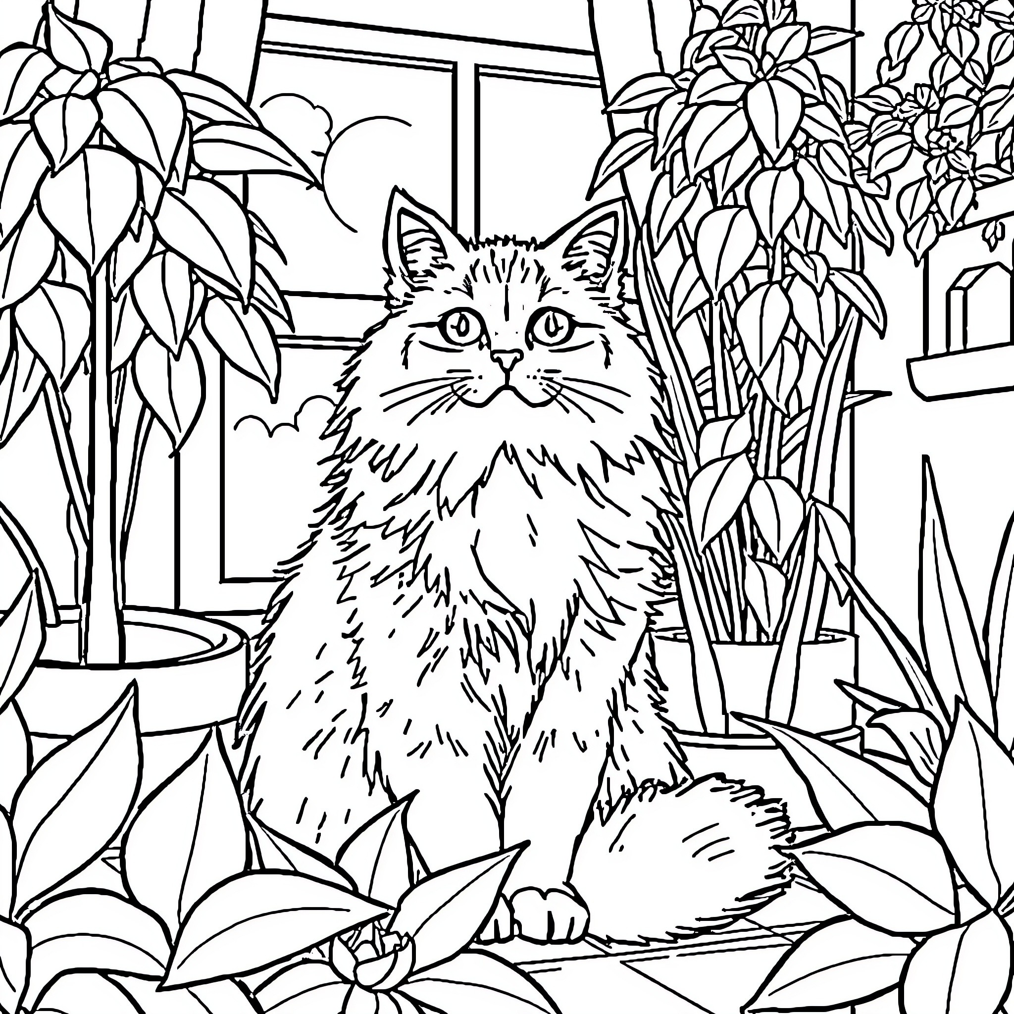 Cat in a cozy indoor garden Coloring Page (free black-and-white line drawing printable PDF for all, from beginners to advanced learners, including children, teens, adults, and seniors)