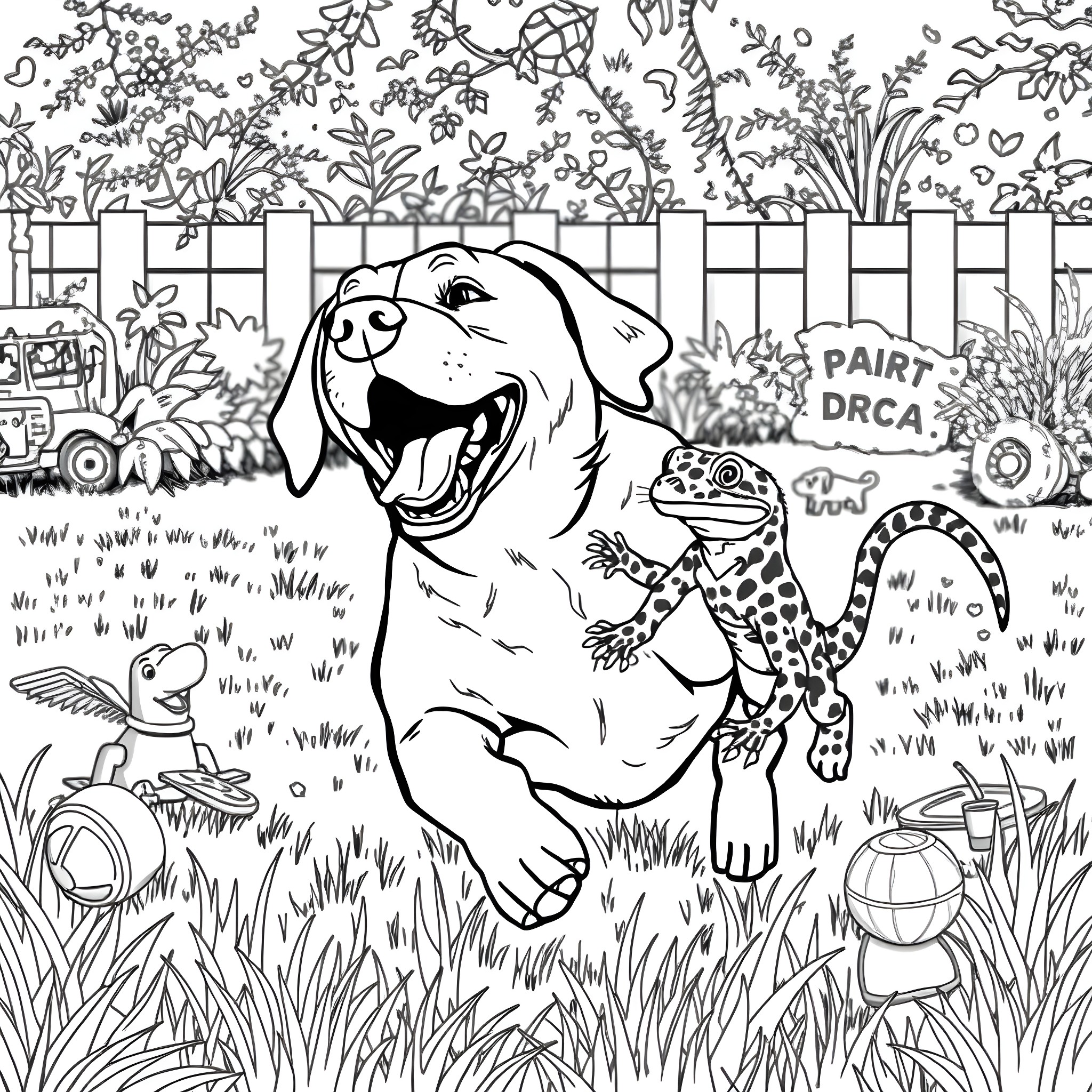 Labrador dog exploring a backyard garden with various plants and toys Coloring Page (free black-and-white line drawing printable PDF for all, from beginners to advanced learners, including children, teens, adults, and seniors)