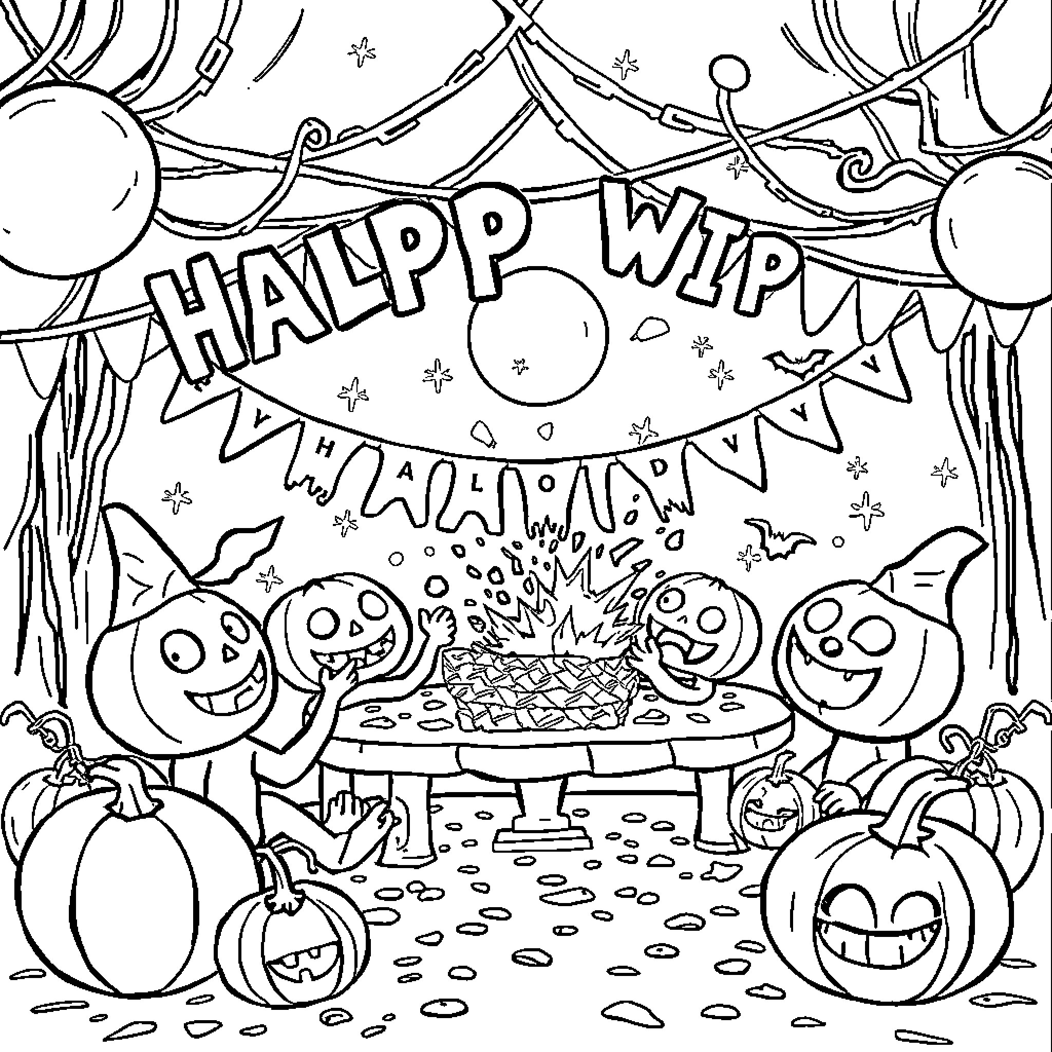 Halloween Celebration with Jack-o'-Lanterns and Party Decor Coloring Page (free black-and-white line drawing printable PDF for all, from beginners to advanced learners, including children, teens, adults, and seniors)