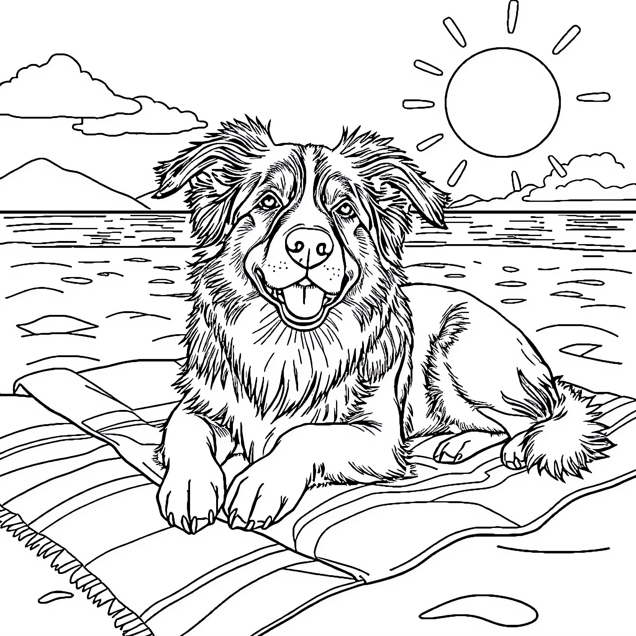 Australian Shepherd enjoying the sun by the lake Coloring Page (free black-and-white line drawing printable PDF for all, from beginners to advanced learners, including children, teens, adults, and seniors)