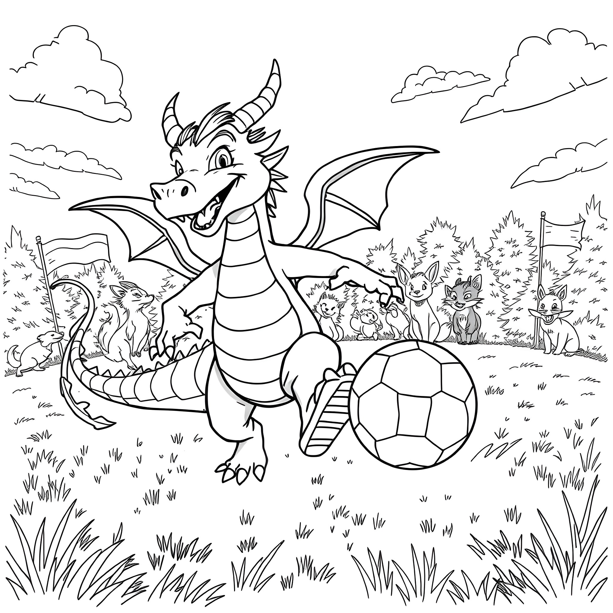 Dragon Enjoying a Game of Soccer in a Lush Landscape Coloring Page (free black-and-white line drawing printable PDF for all, from beginners to advanced learners, including children, teens, adults, and seniors)