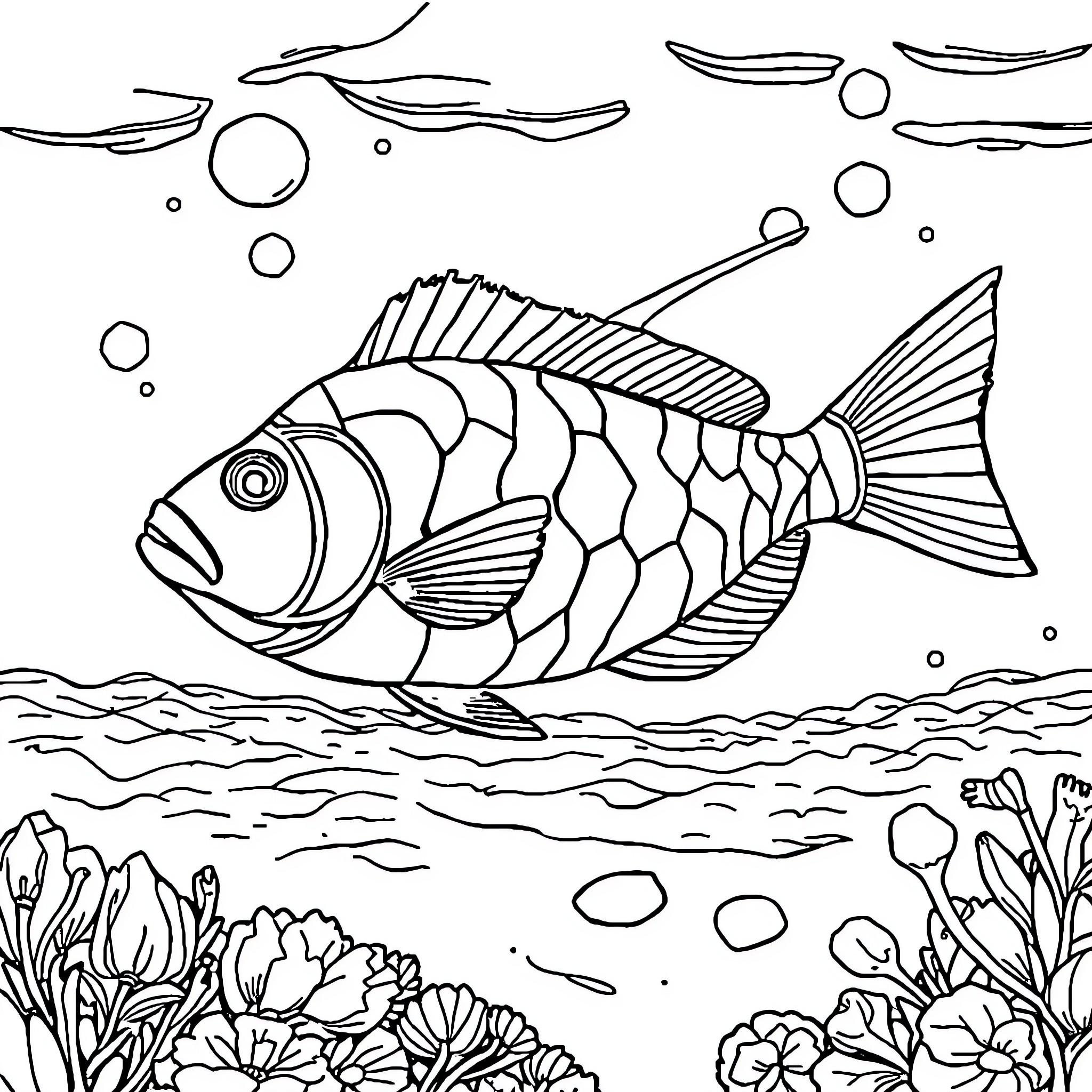 Fish swimming amidst underwater plants and bubbles Coloring Page (free black-and-white line drawing printable PDF for all, from beginners to advanced learners, including children, teens, adults, and seniors)