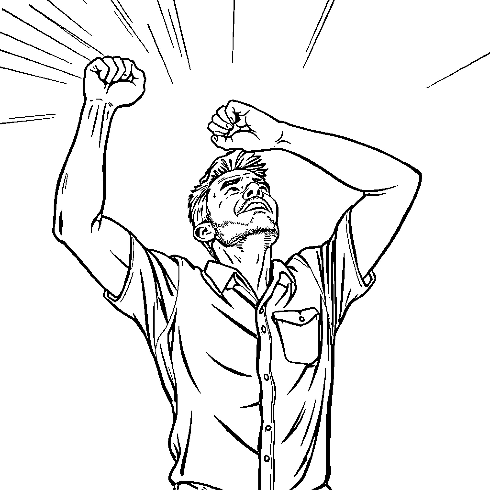 Man celebrating with raised fists in an energetic pose Coloring Page (free black-and-white line drawing printable PDF for all, from beginners to advanced learners, including children, teens, adults, and seniors)